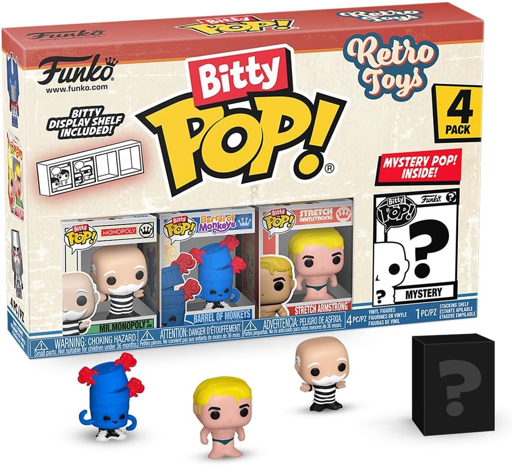 Funko Bitty POP Retro Toys - Mr. Monopoly, 4-Pack and A Surprise Mystery Mini Figure - 0.9 Inch (2.2 Cm) - Transformers Classic Collectable - Stackable Display Shelf Included - Gift Idea