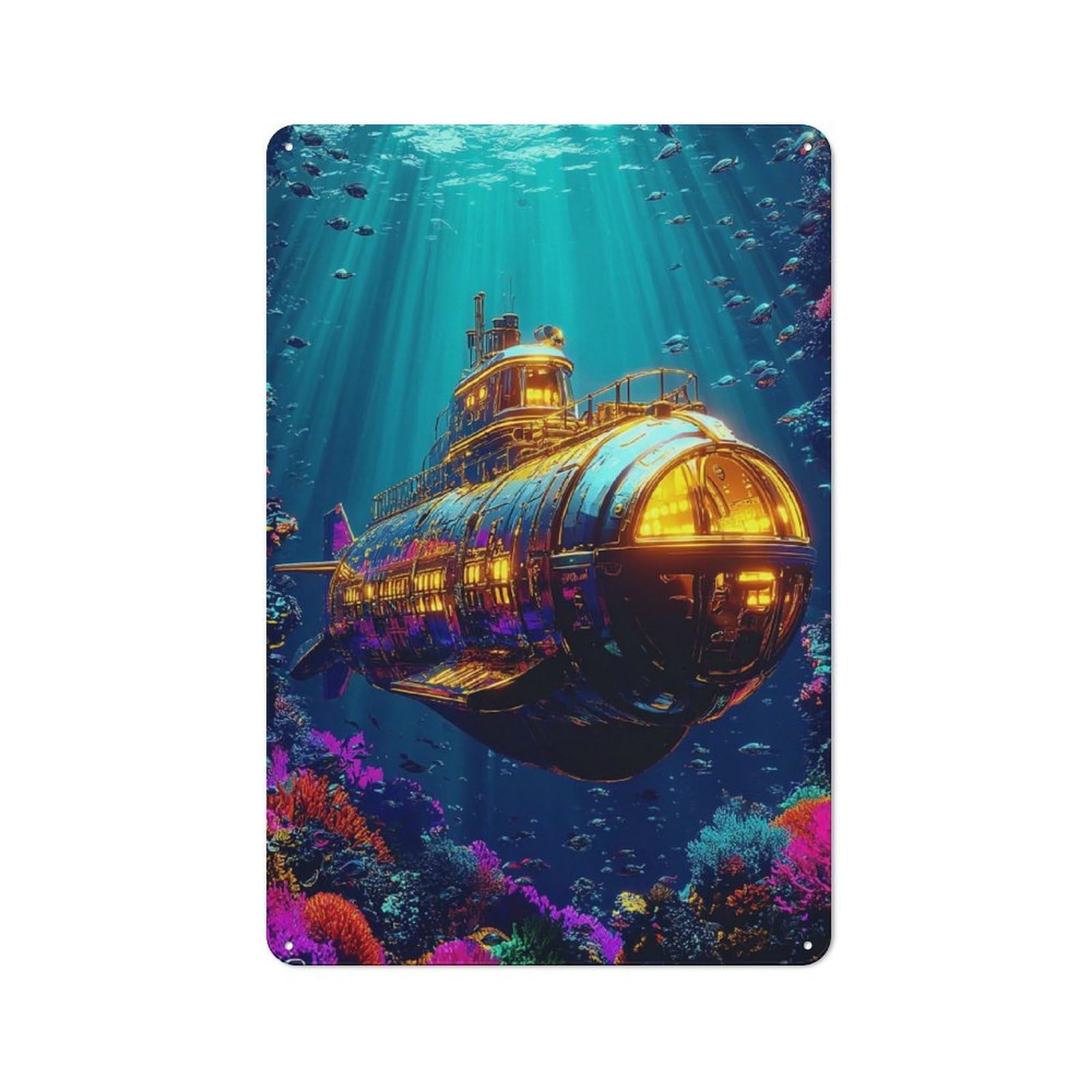 Junmoney Golden Submarine In Coral Paradise Old Style Metal Wall Decor 30X20cm, Decorative Tin Plaque For Cafe, Pub, Workshop Or Home Bar