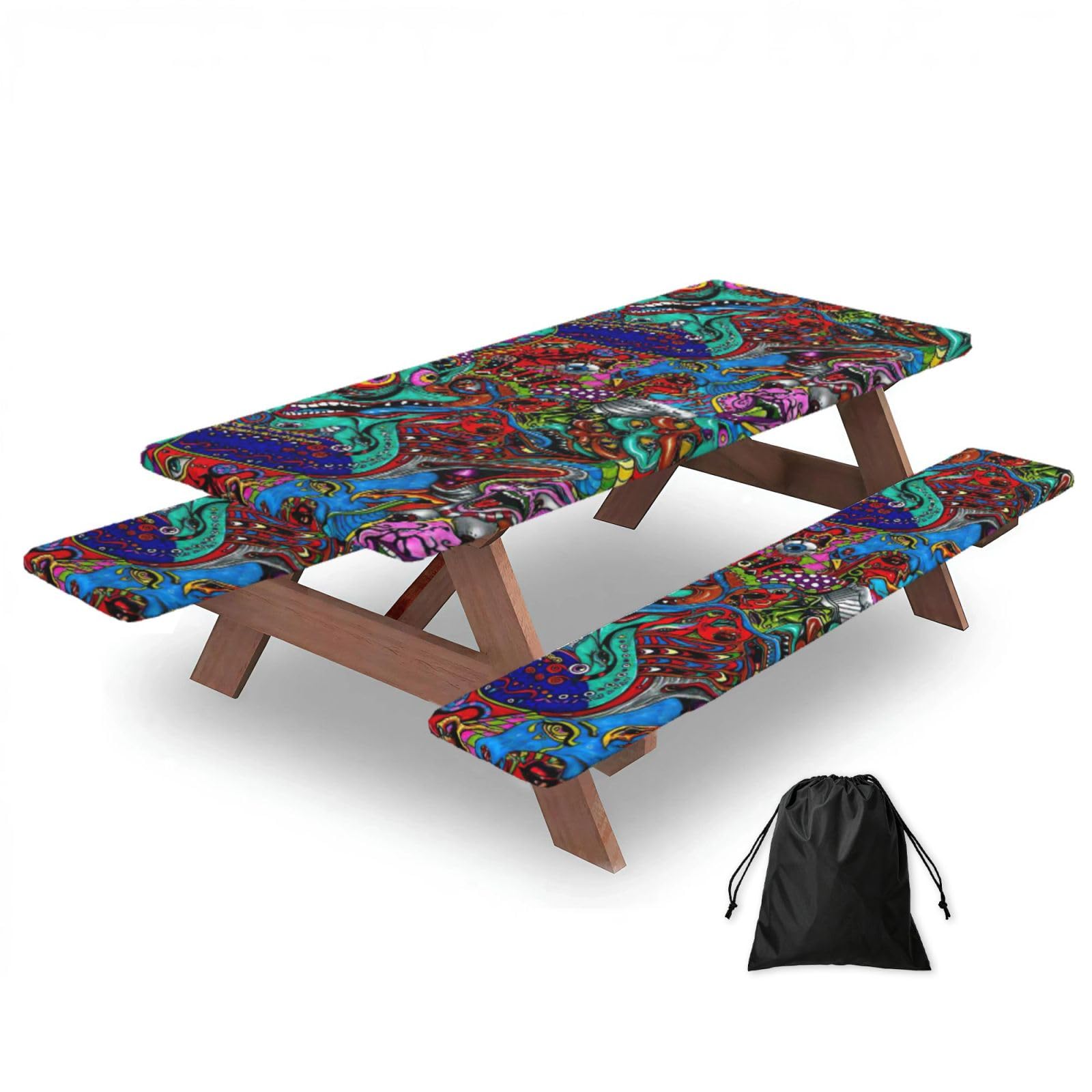 Yqxwjl Black Abstract Monster Print Camping Essentials Waterproof Camping Table And Bench Cover With Drawstring Bag 183 Cm