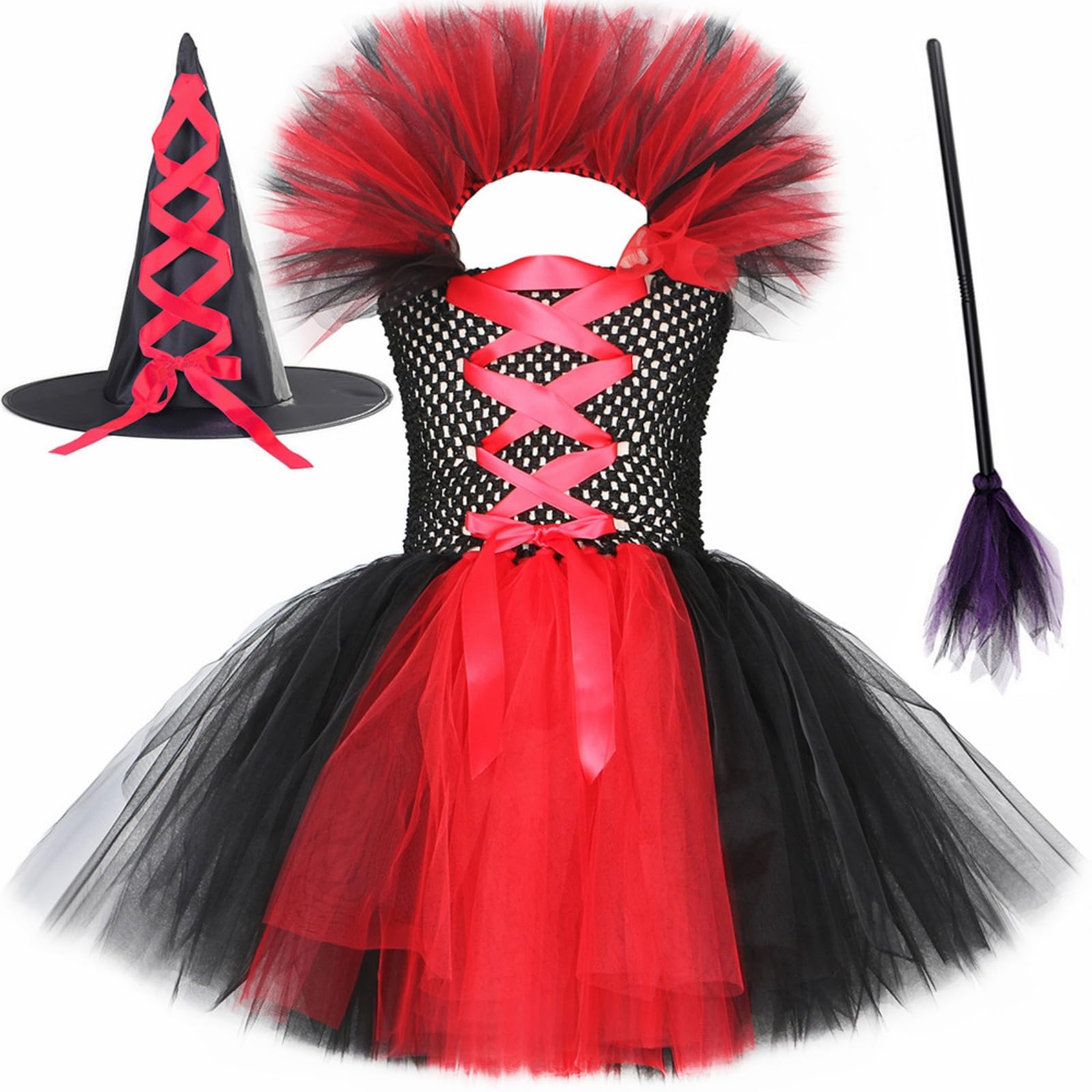 Halloween Kostüm Kinder Hexe Mädchen Halloween-Kostüm Mädchen Halloween Costume Tütü Hexen Verkleidung Set Für Kleid Party Kostüm Mit Hexenhut Und Besen