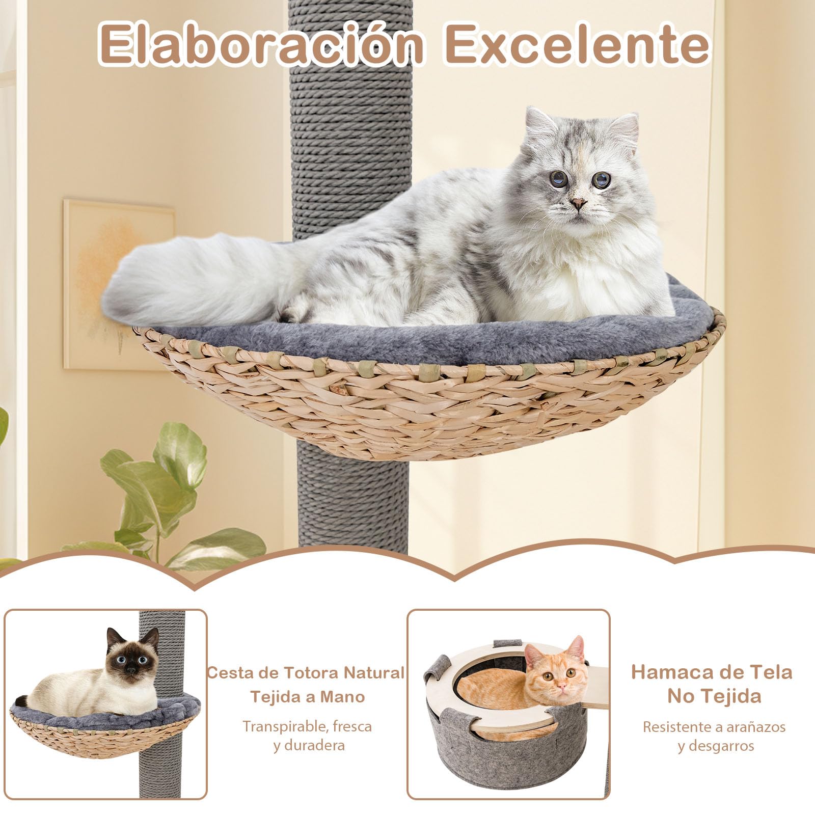 GOPLUS Árbol de Gato de Suelo al Techo, Altura Ajustable 236-271 cm, Grande Árbol de Gato de 5 Niveles con Poste Rascador Trampolín Cama Tipo Cesta Hamaca
