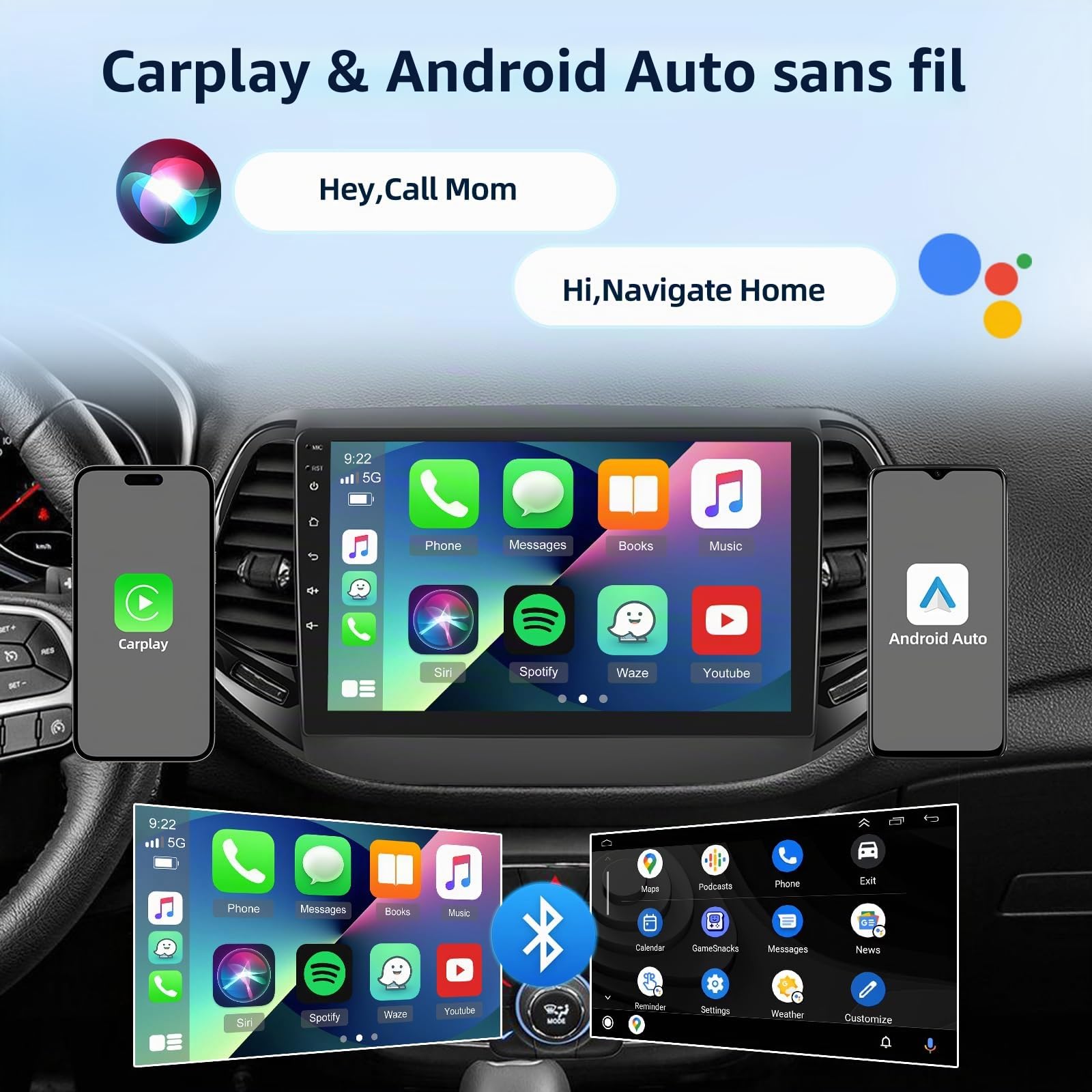 [4G+64G] Android Autoradio pour Jeep Compass 2017-2021 avec Carplay & Android Auto sans Fil, Écran Tactile IPS 10,1 Pouces avec GPS, WiFi, 32EQ, Bluetooth 5.0, Radio FM/RDS