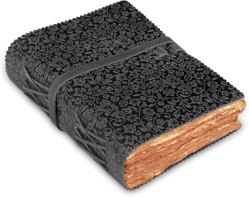 Diario floral encuadernado en cuero en relieve para mujeres y hombres, 200 páginas, 6 x 4 pulgadas (A6), negro - Libro de sombras, diario de viaje