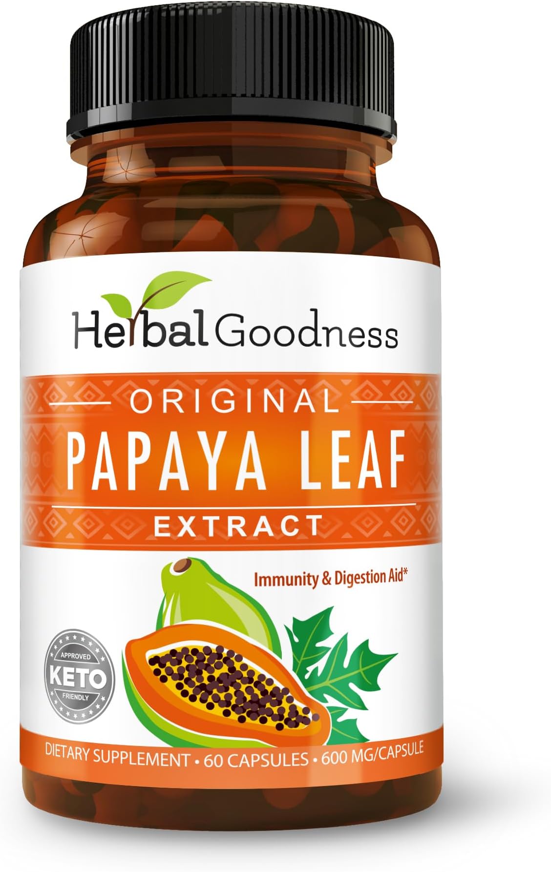 Papaya Leaf Extract - Natural Blood Platelet Level Boost, Bone Marrow Support, Immune Gut & Digestive Enzymes Health - 10:1 Strength - 60/600mg Veggie Capsules - Made in USA by Herbal Goodness