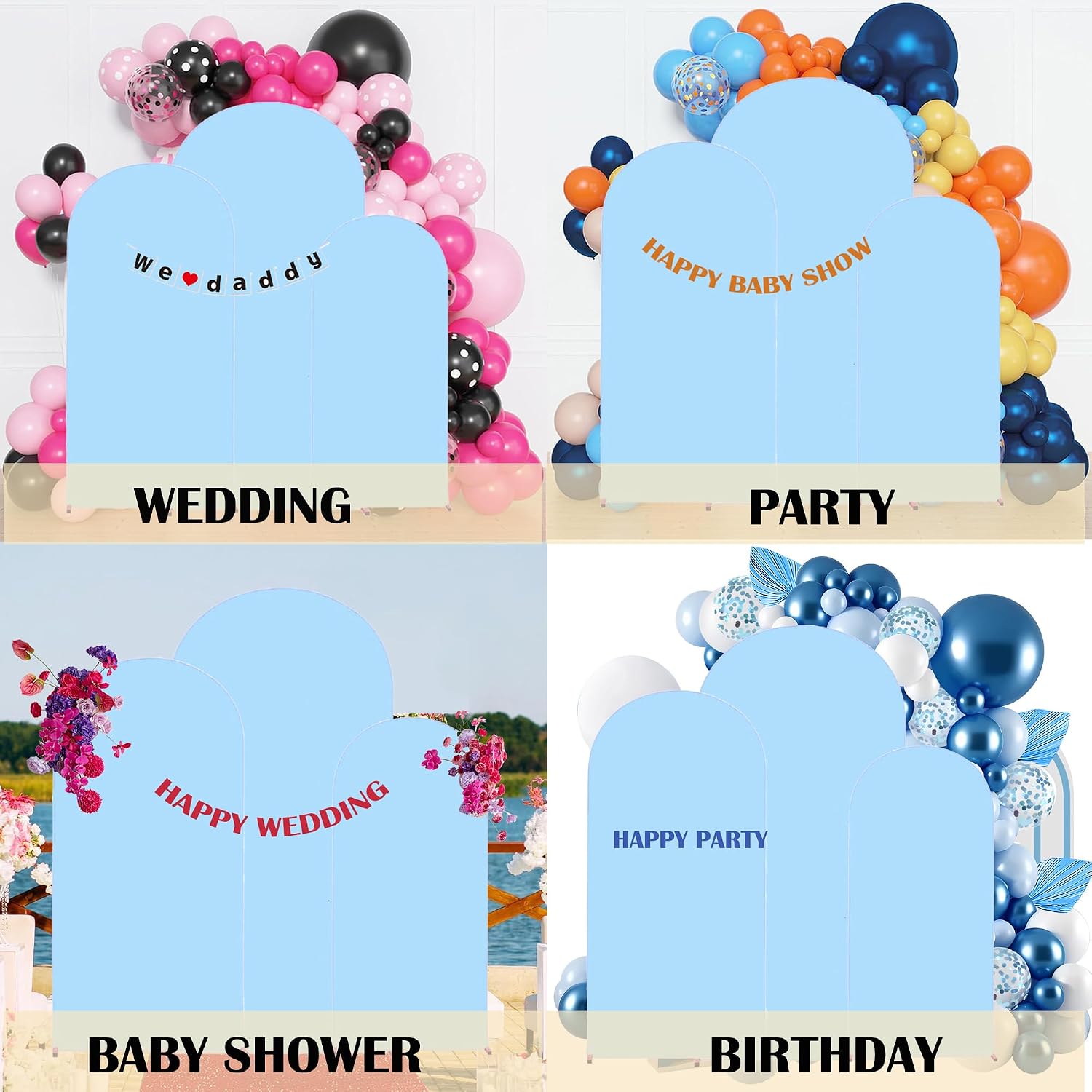 Baby Blue 4,5,6ft Set of 3 Arch Backdrop Cover (No Stand) | Round Top Double-Sided Spandex Fitted Wedding Arch Cover For Party Birthday Baby Shower Anniversary Event Banquet Decoration