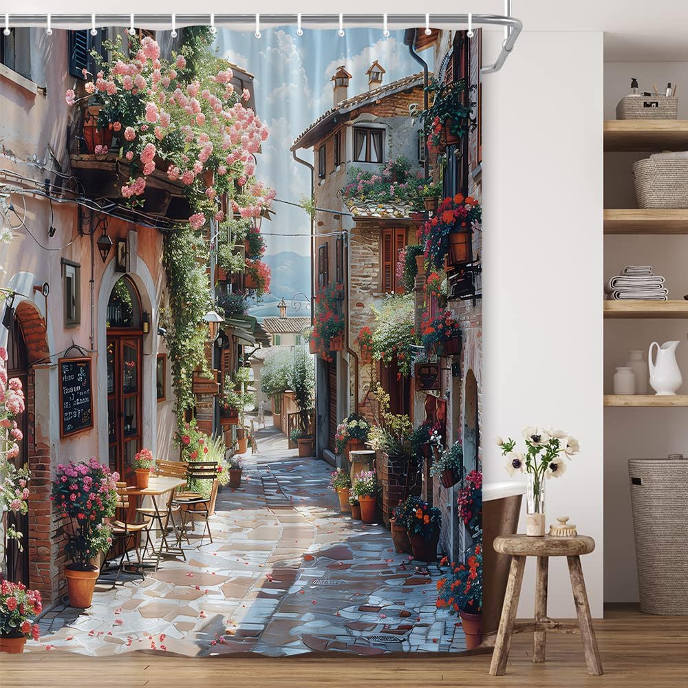 Italian Shower Curtain Vintage Italy Stone Stree Rose Flower Green Leaf Mediterranean Coast Scene Polyester Fabric Bathroom Decor 108×70 Inch with Hook