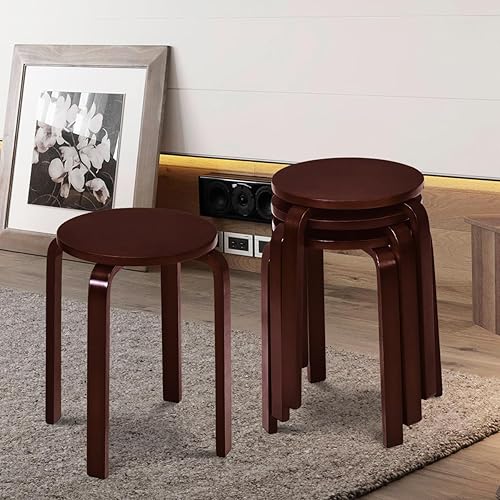 Miniatura 5 de COSTWAY Juego de 4 taburetes apilables de madera curvada, sillas de mostrador sin espalda de 18 pulgadas de altura con parte superior redonda,