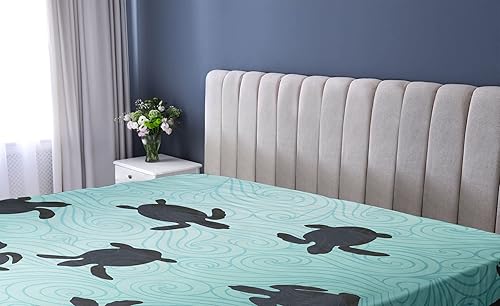 Miniatura 2 de Ambesonne Sábana bajera marina, diseño de tortugas marinas con silueta de natación desde la parte inferior del océano bajo el agua, ropa de cama de