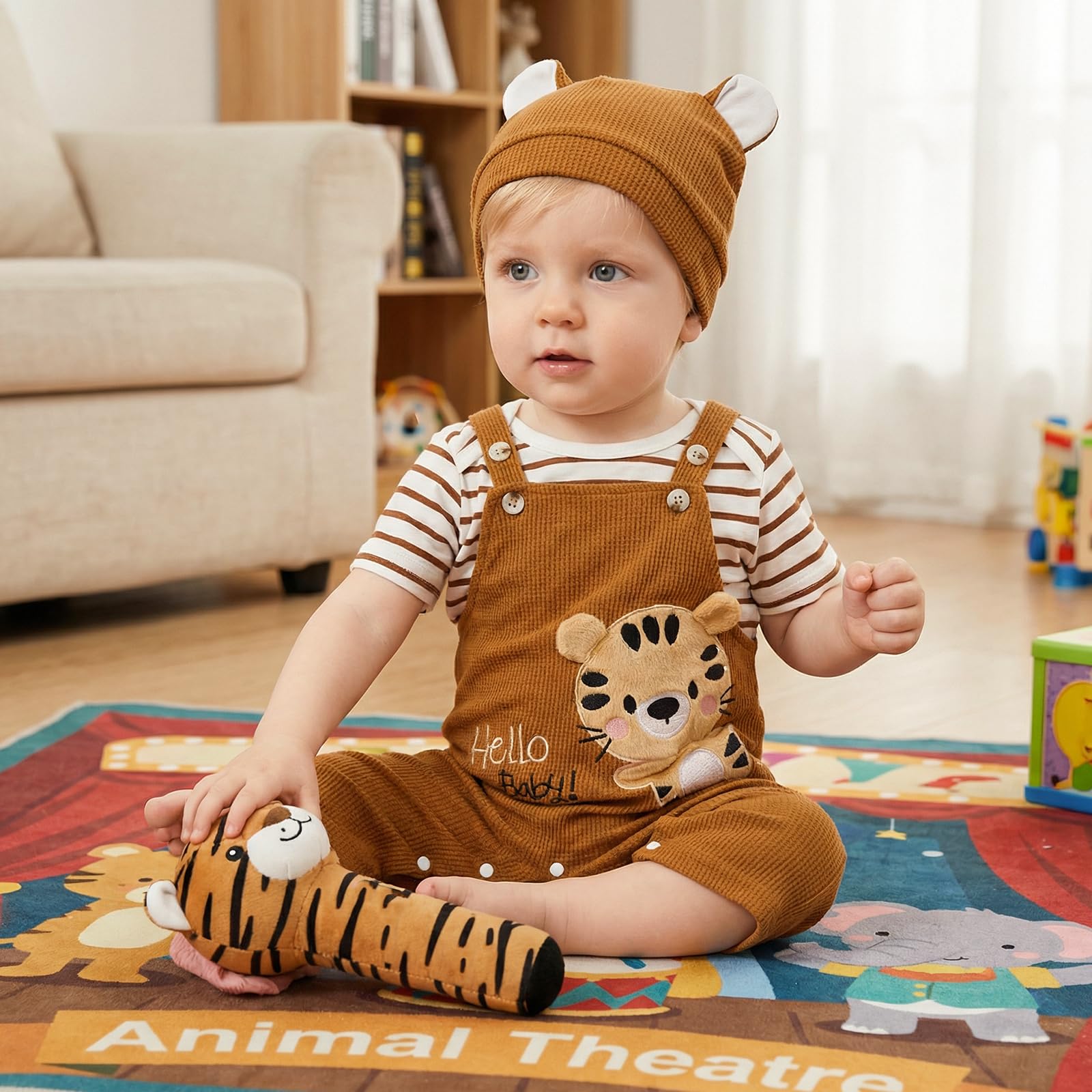 Ensemble Bébé Garçon 3 Pièces Tenue Bébé Garçon Barboteuse Rayée Salopette Brodée Chapeau Vêtement Mignon pour Garçons 0-18 Mois