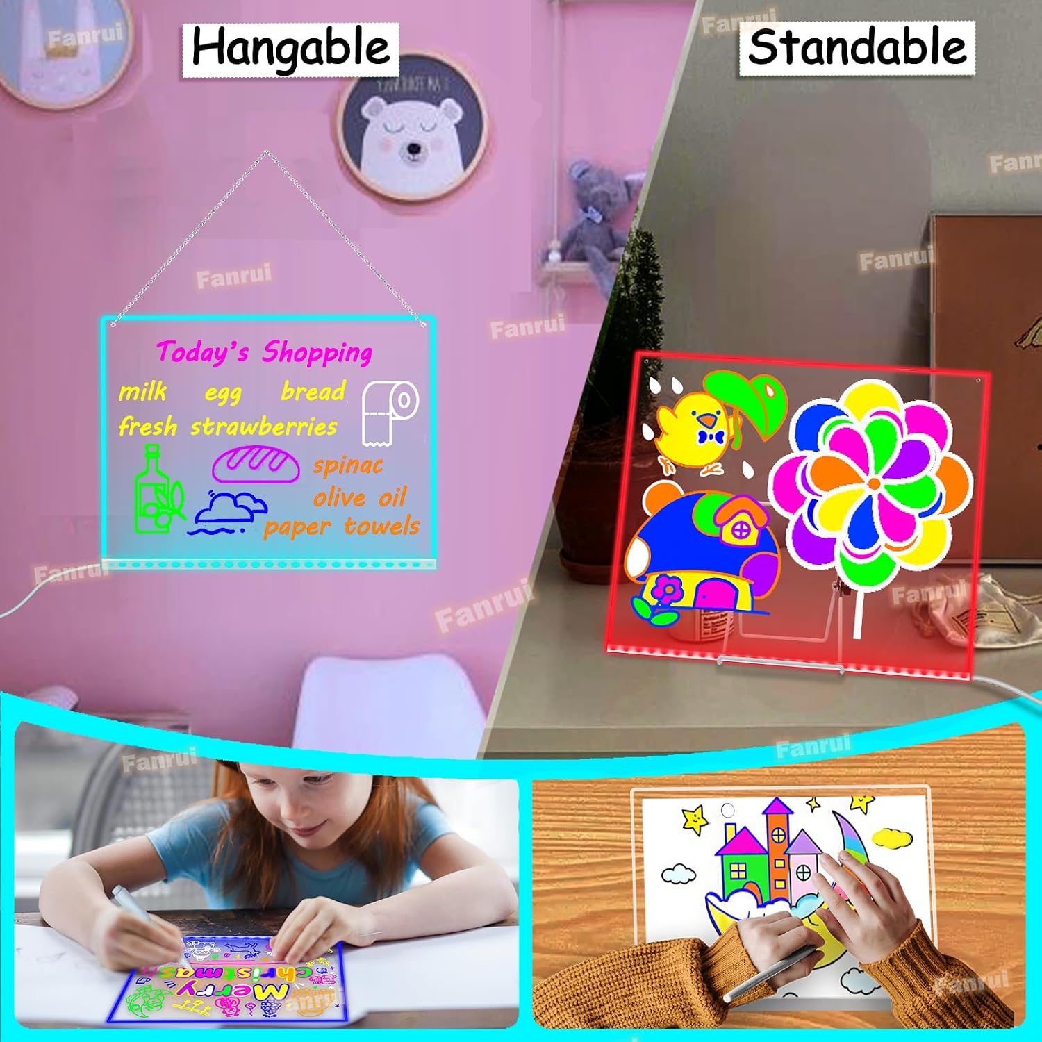 Fanrui White Board Dry Erase 20" x 16" 7 Colors Change Hanging/Desktop Clear Rewritable Dry Erase Board with Remore & Timmer & Dimmer, Portable Writing, Kids Drawing &Planning for Home School Office