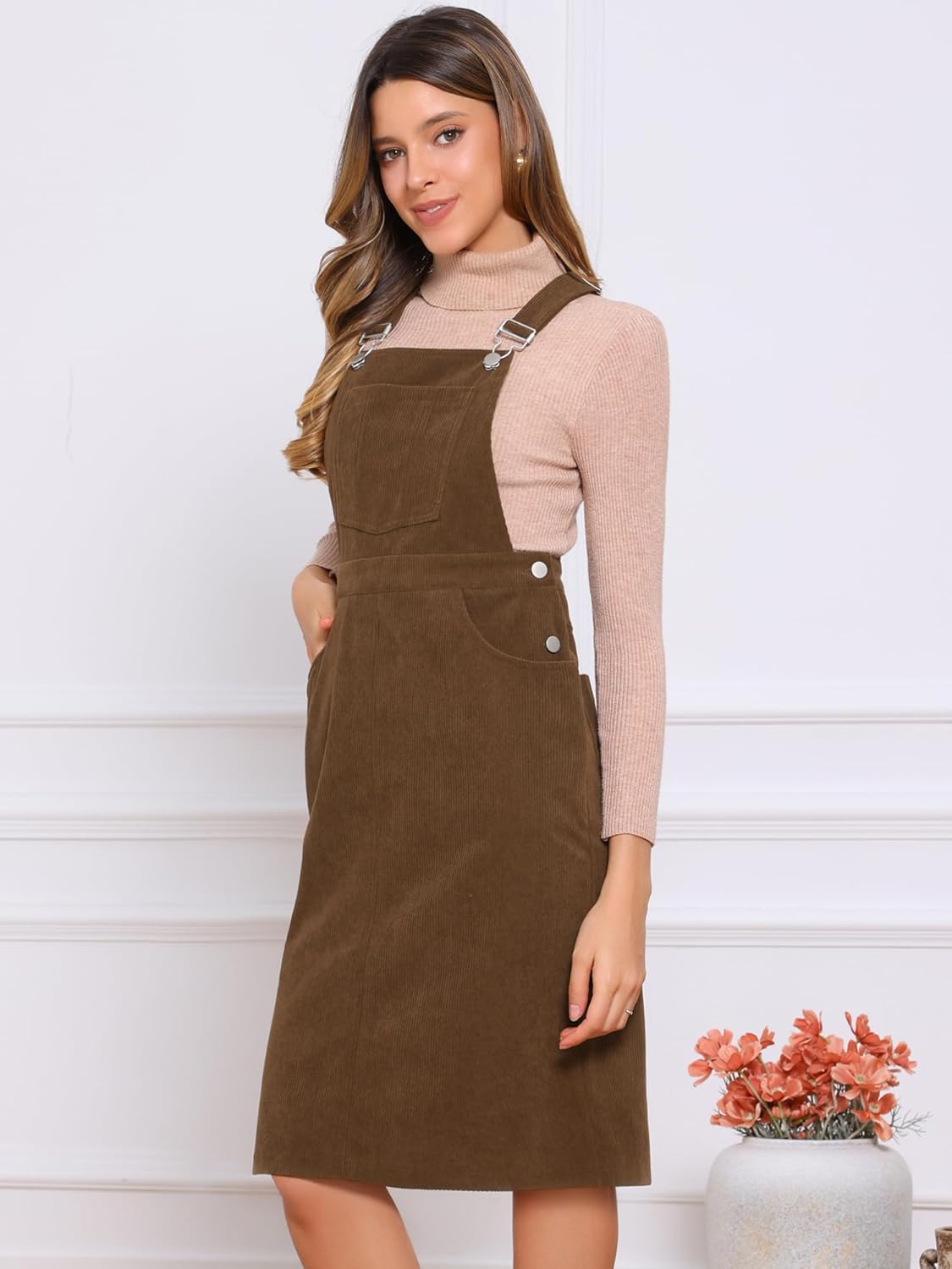 Allegra K Corduroy Overall Dress for Women Midi Length Adjustable Straps Pockets Square Neck Casual Pinafore Dress - Image 4