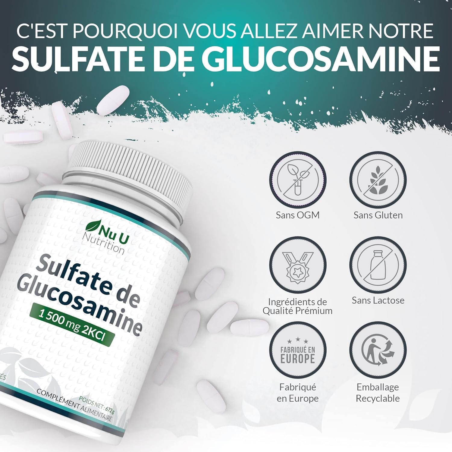 Glucosamine 1500 mg 2KCl - 365 Comprimés pour 1 An - Haute Puissance - Complément Alimentaire de Nu U Nutrition