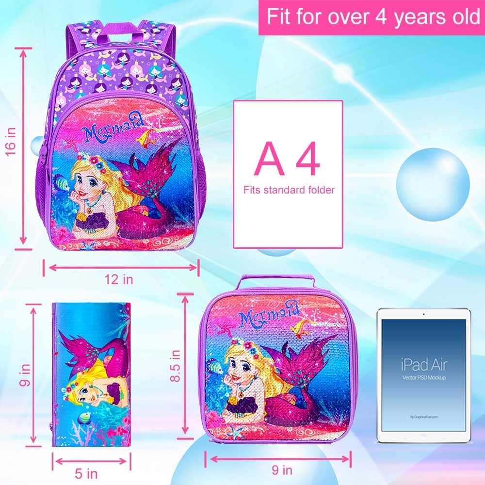 KLFVB 3PCS Unicorn Mermaid Backpack for Girls, 16" Sequin Kids Bookbag and Lunch Box, Preschool Backpacks for Elementary - Image 4