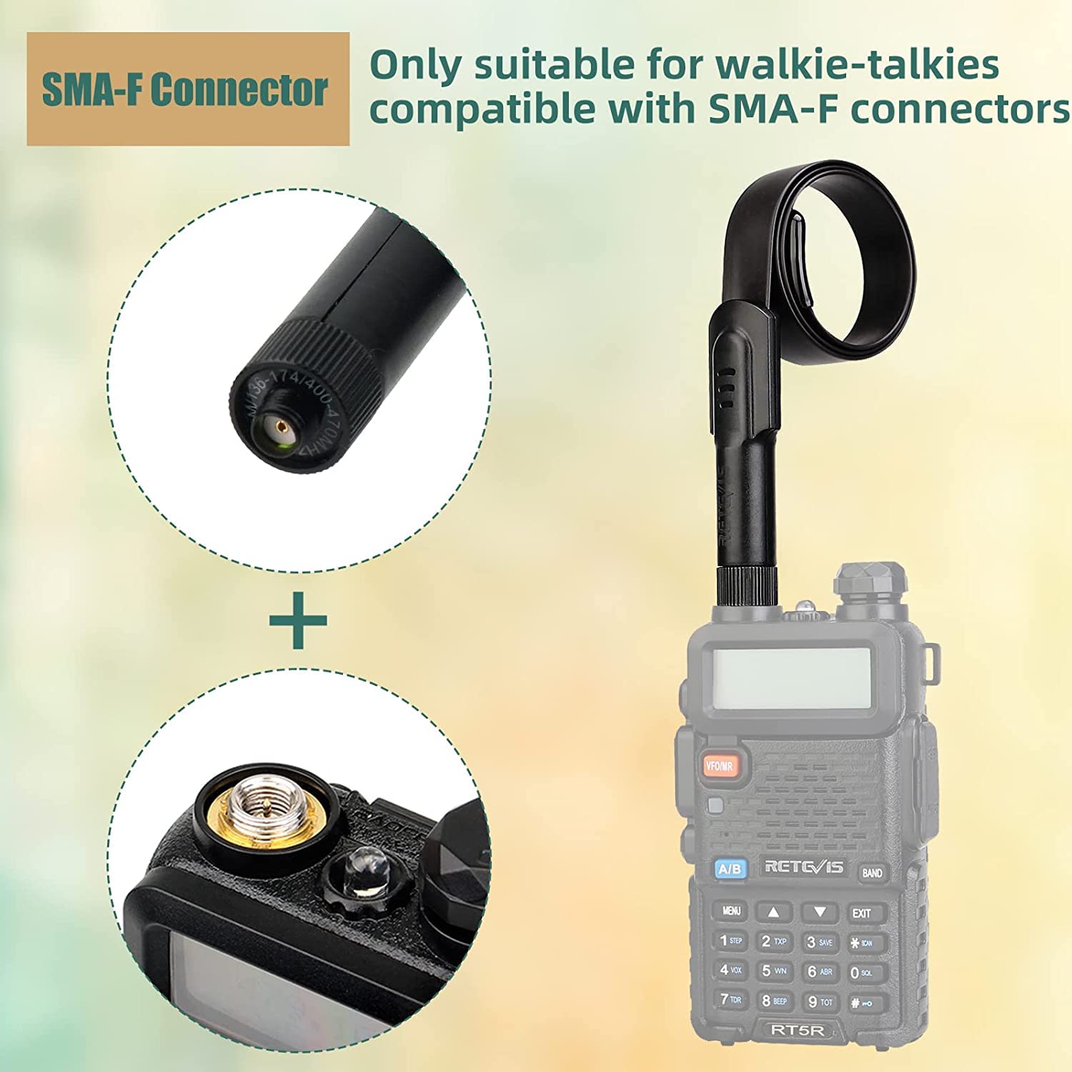 Retevis HA05 SMA-F Antena Táctica, Doble Banda VHF/UHF Antena, Plegable Antena de Alta Ganancia Compatible con Radio Bidireccional Retevis RT5R RT5 H777 Baofeng UV-5R UV-82 Walkie Talkie (1 Pieza)