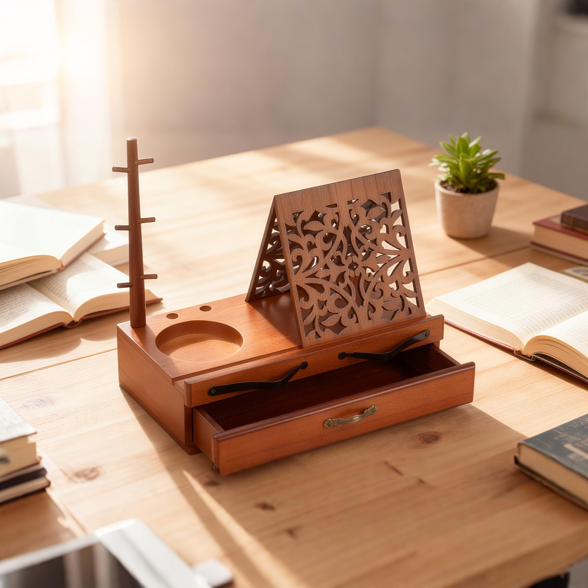 Support de Lecture en Bois avec Tiroir, Porte-stylo et Porte-tasse, Support de Livre Triangulaire pour Bureau et Table de Chevet