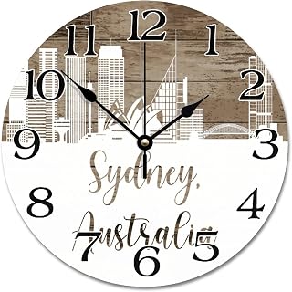 Australia Sydney City Skyline Clock Australia Cityscape Wooden Wall Clocks Battery Operated 10 Inch Silent Non-Ticking Travel Hanging Clock for Bedroom Living Room Farmhouse Wall Decor