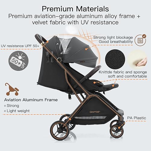 Miniatura 7 de Gravity - Cochecito de bebé plegable – Cochecito portátil de viaje para niños pequeños con respaldo ajustable, toldo, saco y portavasos, ligero