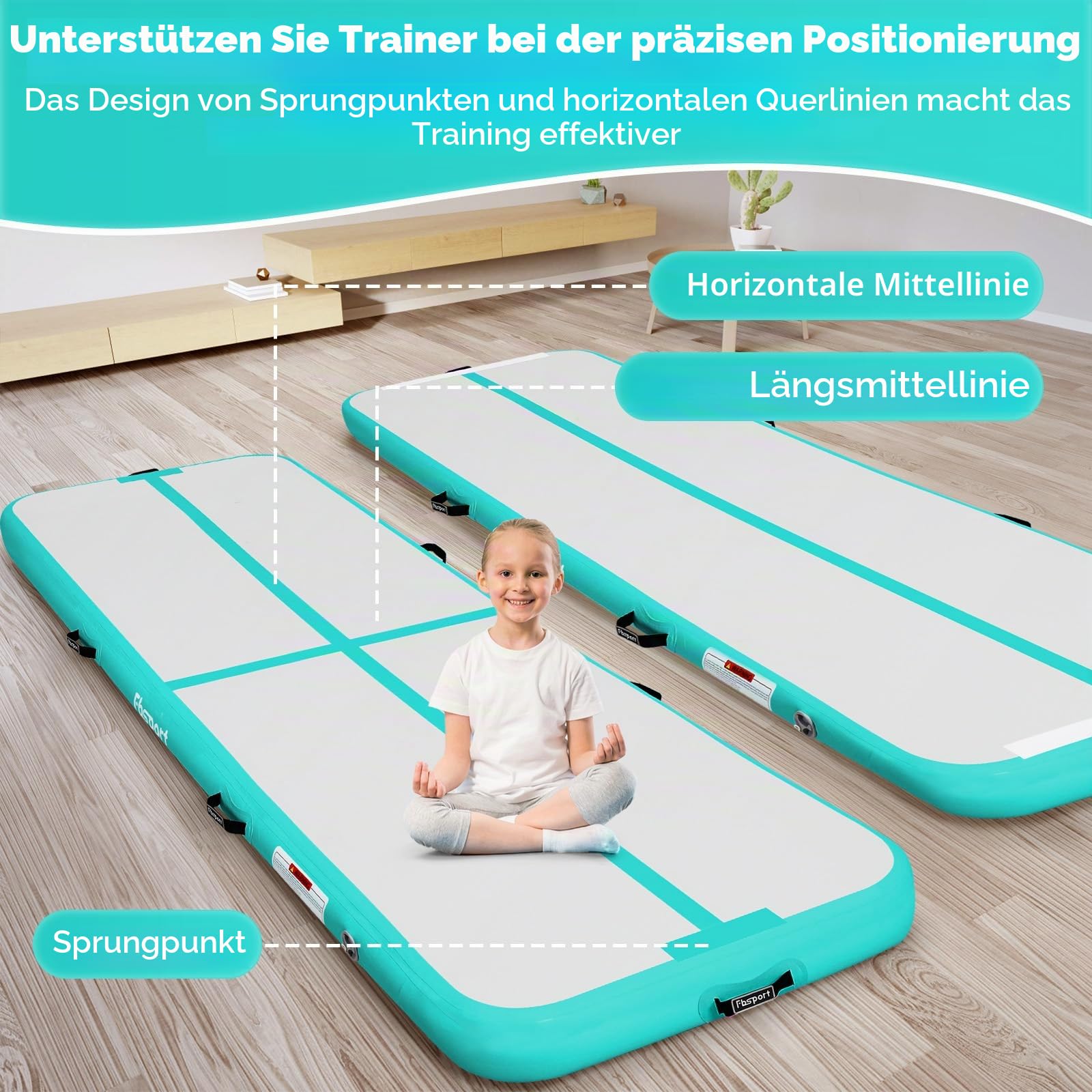 FBSPORT Airtrack Matte 4m Trainingsmatte, 20cm Dicke Tumbling Matten mit Luftpumpe und Tragetasche, Gymnastikmatte für Zuhause/Yoga/Outdoor/Tumbling/Gym/Training/Cheerleading/Wasser