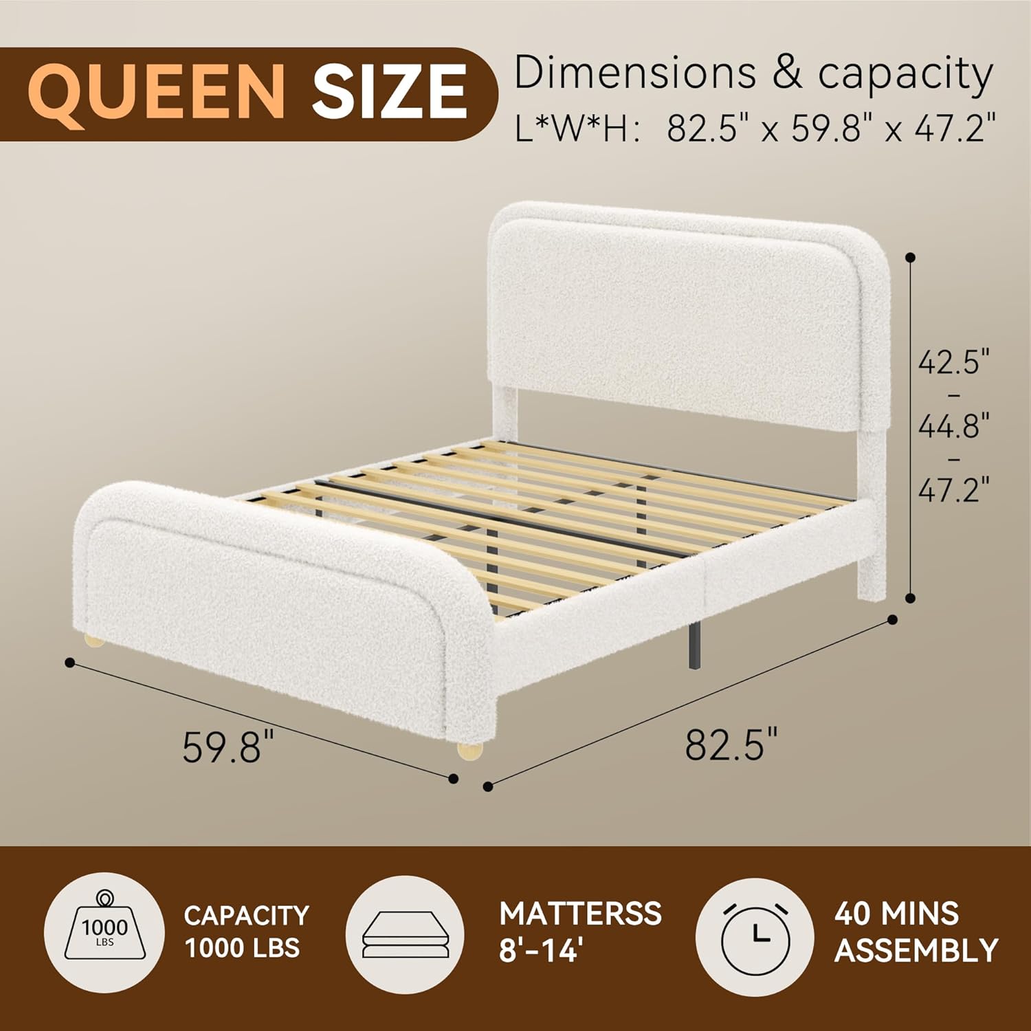 Cloud Queen Size Bed Frame, Boucle Upholstered Platform Bed with Adjustable Headboard, Anti-Collision Soft Rounded Corners, Metal Support, No Box Spring Required, Noise Free, Easy Assembly, Cream