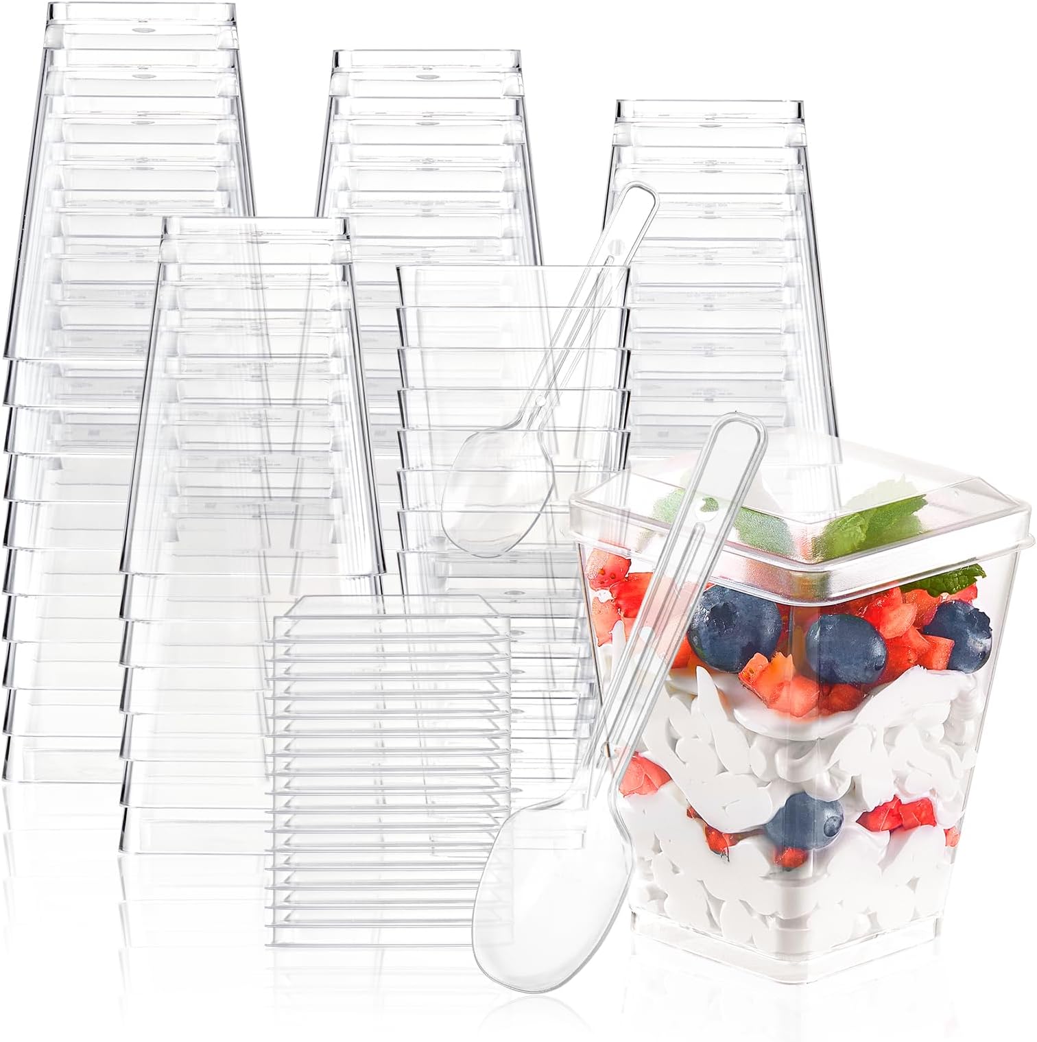 MATANA 48 Clear Hard Plastic Dessert Cups (Square, 225ml) Sturdy