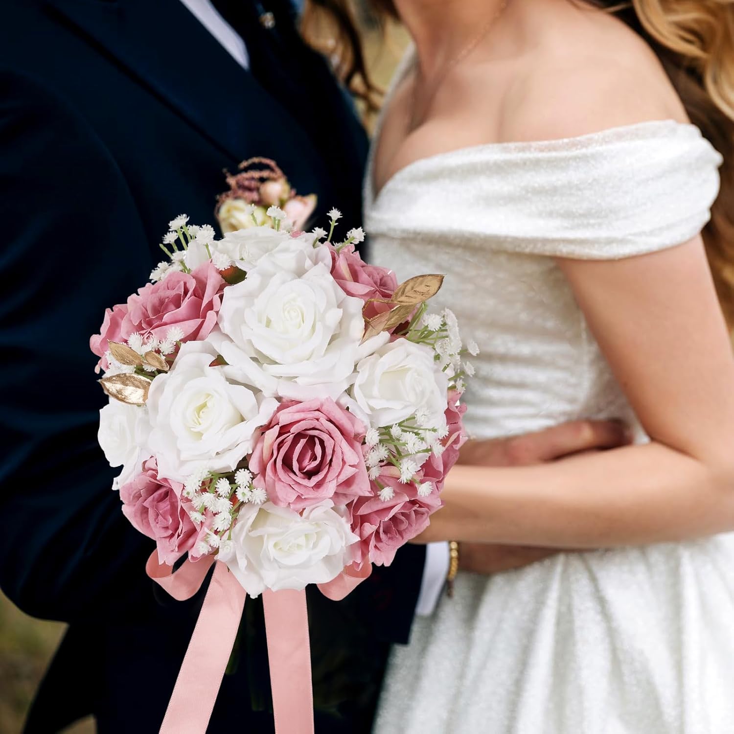Wedding Bouquets for Bride - Realistic Silk Flowers Artificial Roses, 9 Inch Bridesmaid Bouquet for Ceremony, Church, Anniversary, and Home Decoration (White & Pink) - Image 6