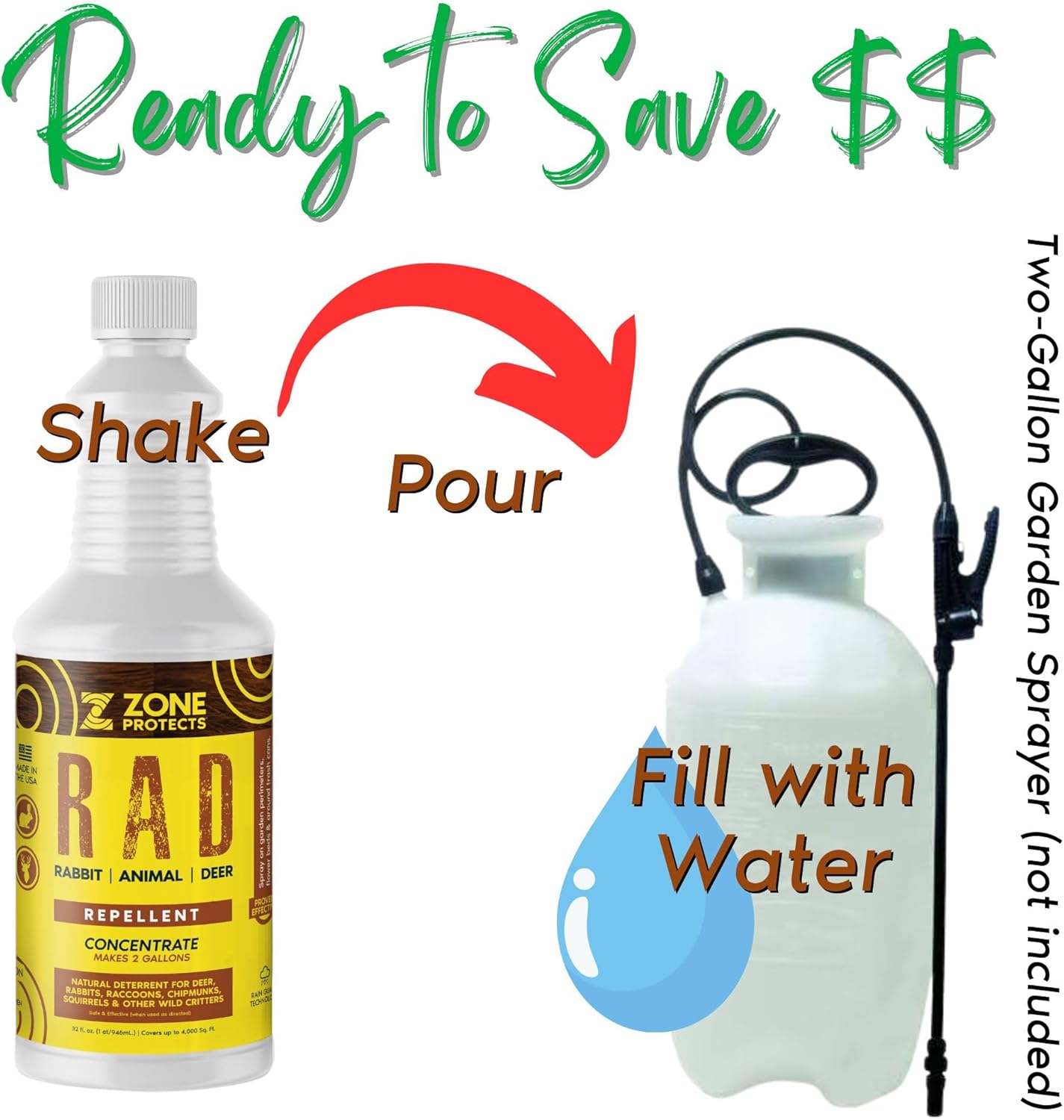 R.A.D. Rabbit, Animal, Deer Repellent Bundle – 1 Gallon Spray + 32oz Concentrate, Natural Formula, Keeps Deer and Rabbits Out of Your Garden