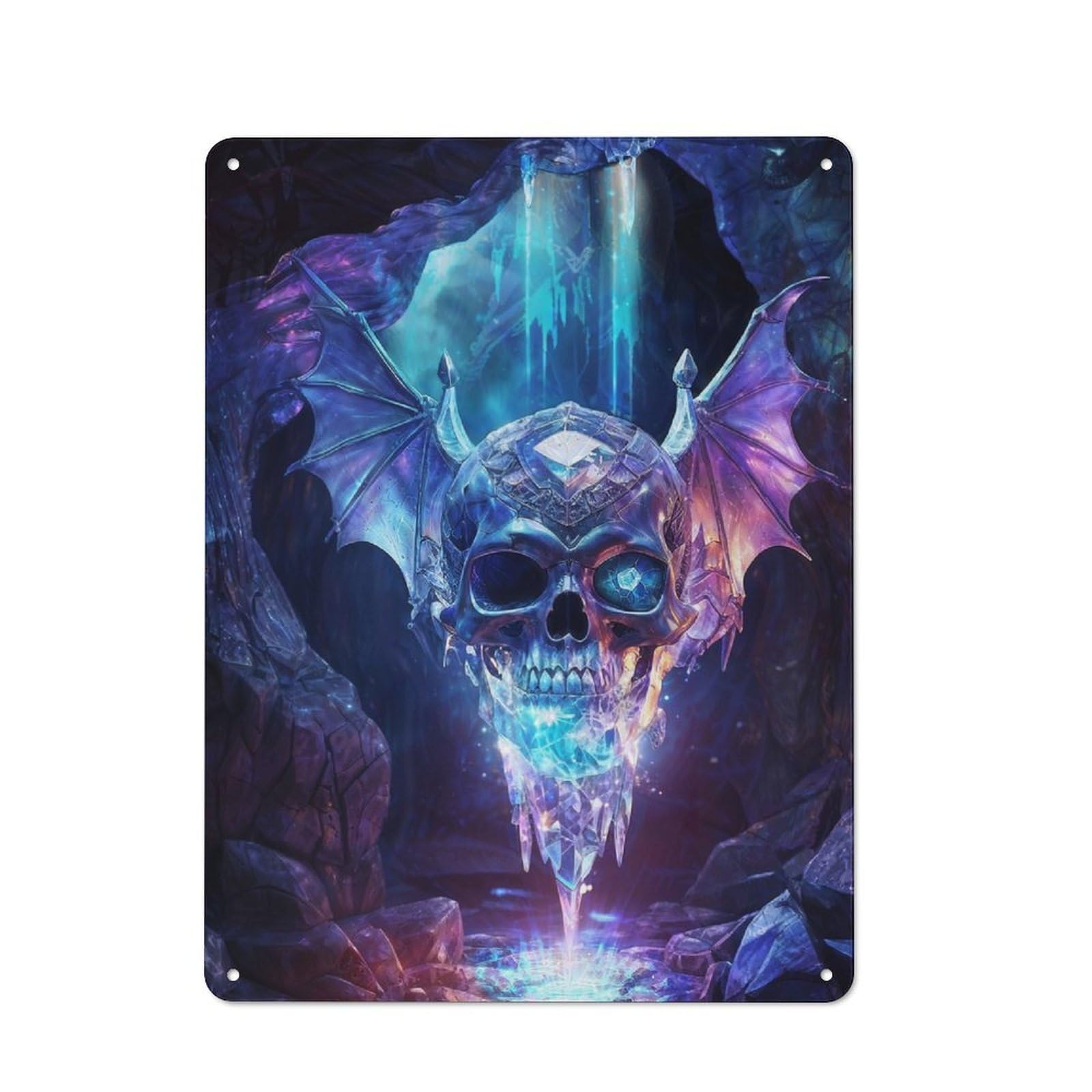 Junmoney Crystal Bat Skull Rustic Tin Wall Plaque 40X30cm For Guest Room Or Hallway, For Garage, Workshop And Man Cave Decoration