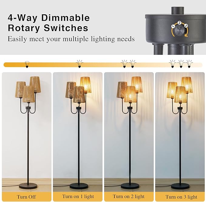 RORIANO RORIANO Boho Floor Lamp for Living Room, 3-Light Rotary Switch Farmhouse Standing Bedroom Lamp with Rattan Shade, Tall Floor Lamps for Rustic, Coastal, Beach or Bohemian Decor, 3 LED Bulbs Included photo 3