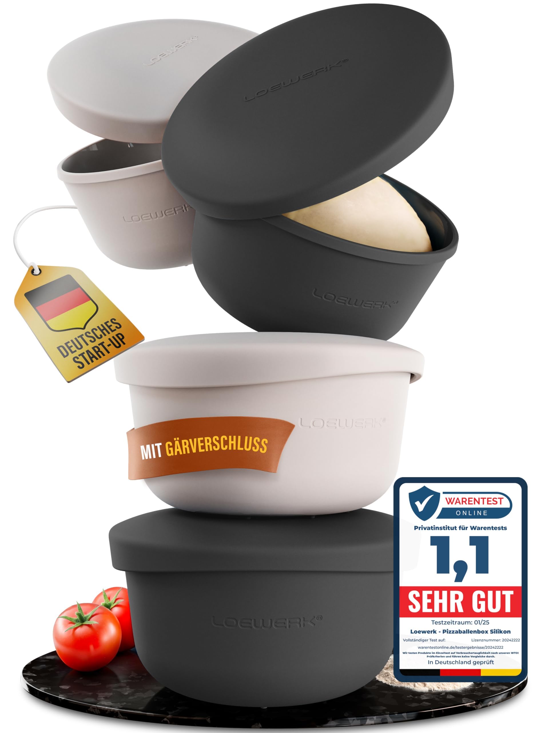 Produktbild von OurLeeme Pizzaballenbox Mit Deckel – 4er Set (2x Creme, 2x Grün), Faltbares Silikon, Atmungsaktiv, Spülmaschinenfest – Für Pizza- & Sauerteig