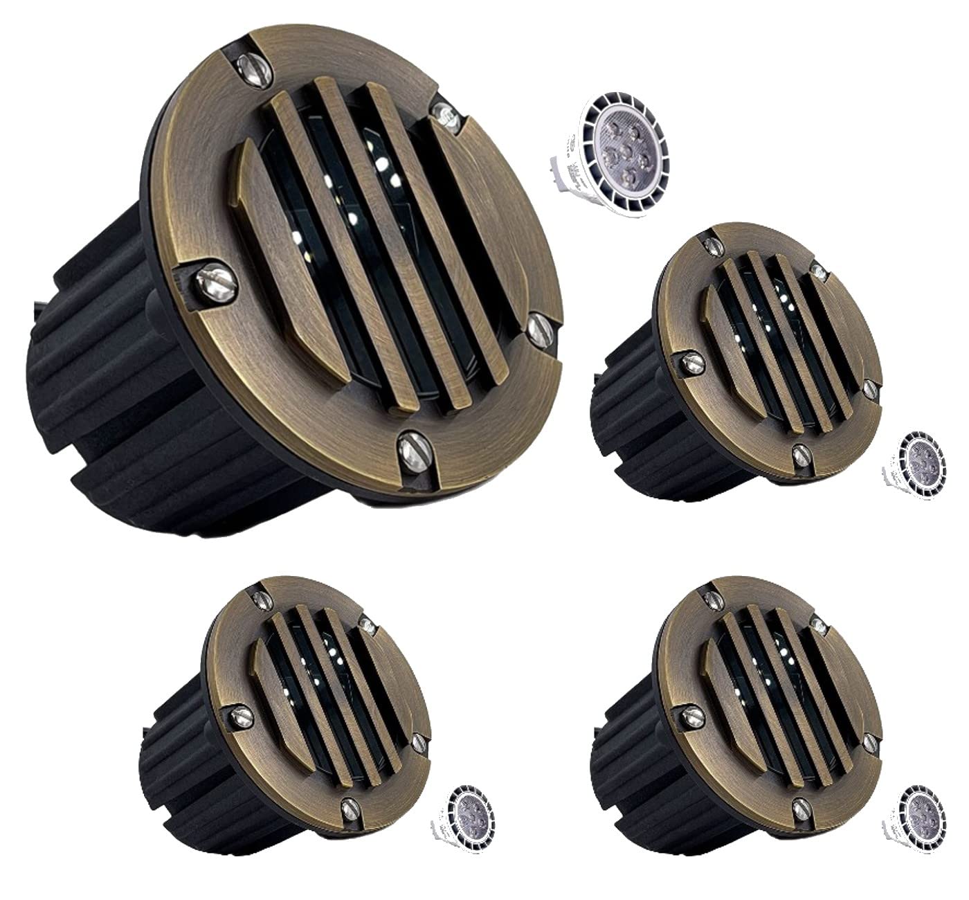 LED Low Voltage Landscape Lighting Well Lights 112 - Solid Brass In Ground Lights for Outside, Long Lasting Garden 12 Volt Landscape Lighting with MR16 7W LED Bulb, Ground Spake & Connectors (4 Pack)