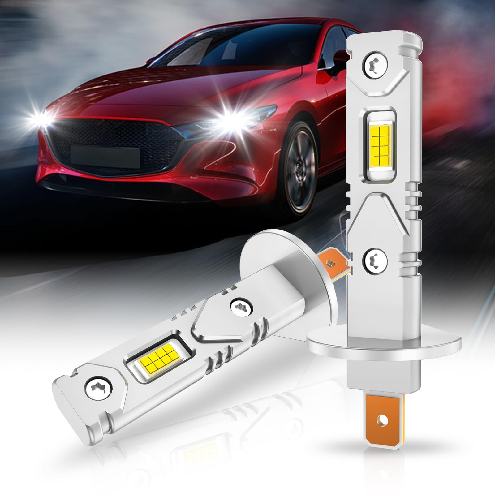 OVVOFPP Lampadina H1 LED per auto e moto, 26000LM 12V 6500K Luce Bianco Freddo CSP LED Chip Lampadina H1 Luci Di Anabbagliamento Luci Da Strada Senza Ventilatore, 2 PZ