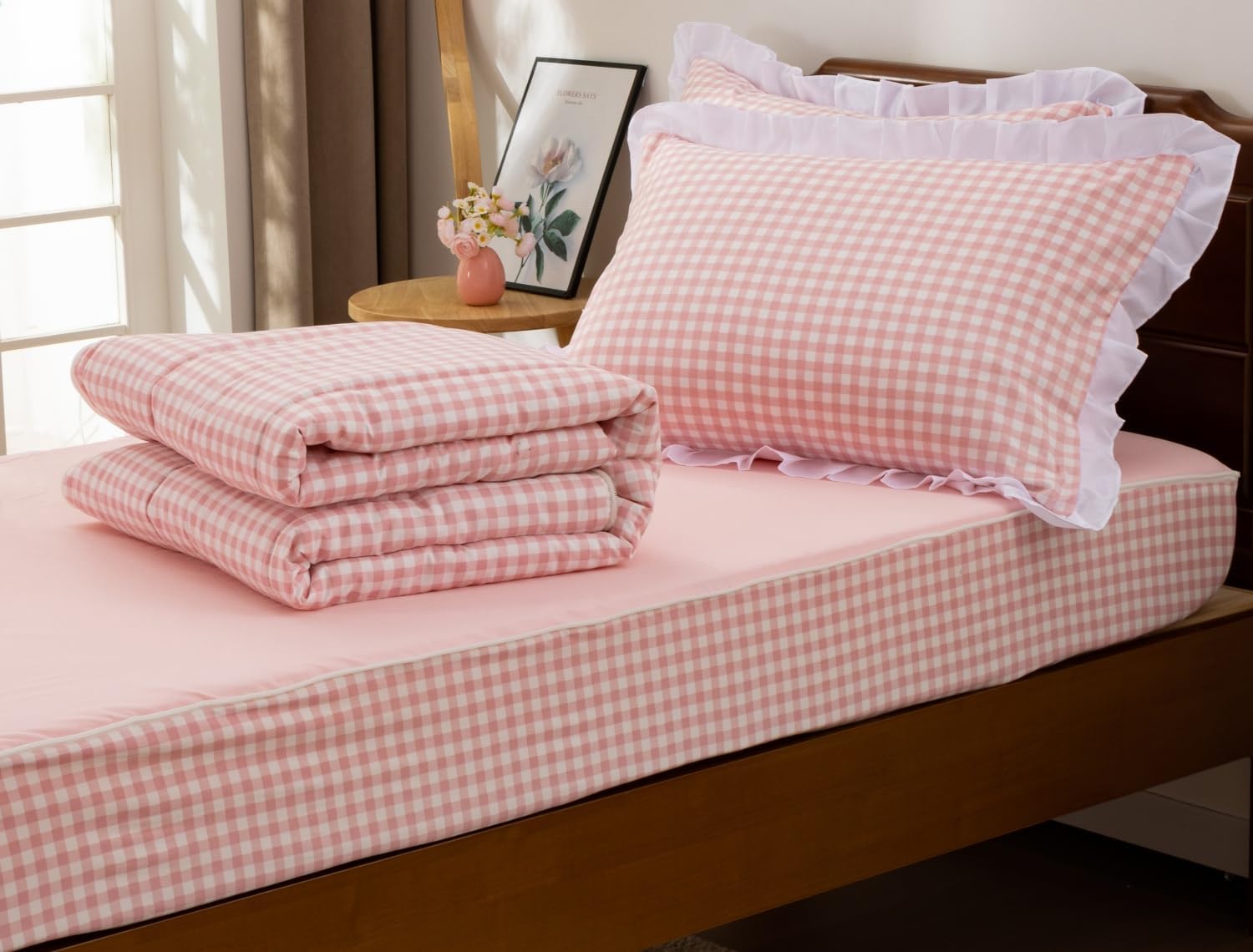 Meeting Story Zipper Bedding Twin Zip Up Bedding Set for Girls and Kids, Pink Checked Plaid 3 Pcs Comforter Bed in a Bag with Fitted Sheet and 2 Pcs Pillowcases(Pink,Twin)
