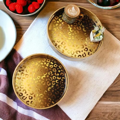 Miniatura 7 de Crocon Bandejas otomanas redondas de madera con asas, juego de 2 bandejas decorativas de granja para servir mesa de café, sala de estar, cocina,