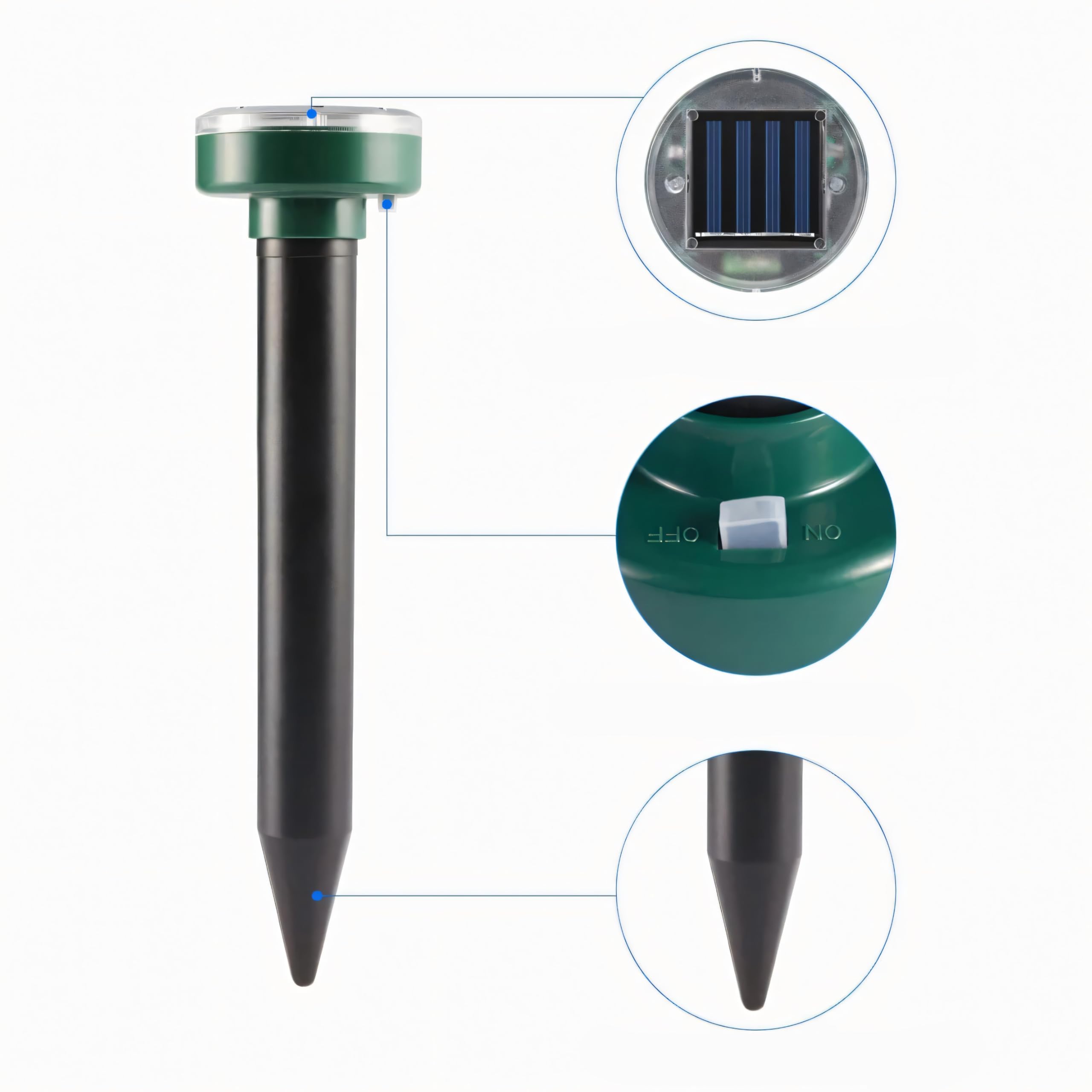Retoo 4 unidades repelente de topos ultrasónico, frecuencia variable de 400 a 1000 Hz, distribuye eficazmente hasta cientos de metros de superficie, para exteriores, control eficaz de plagas