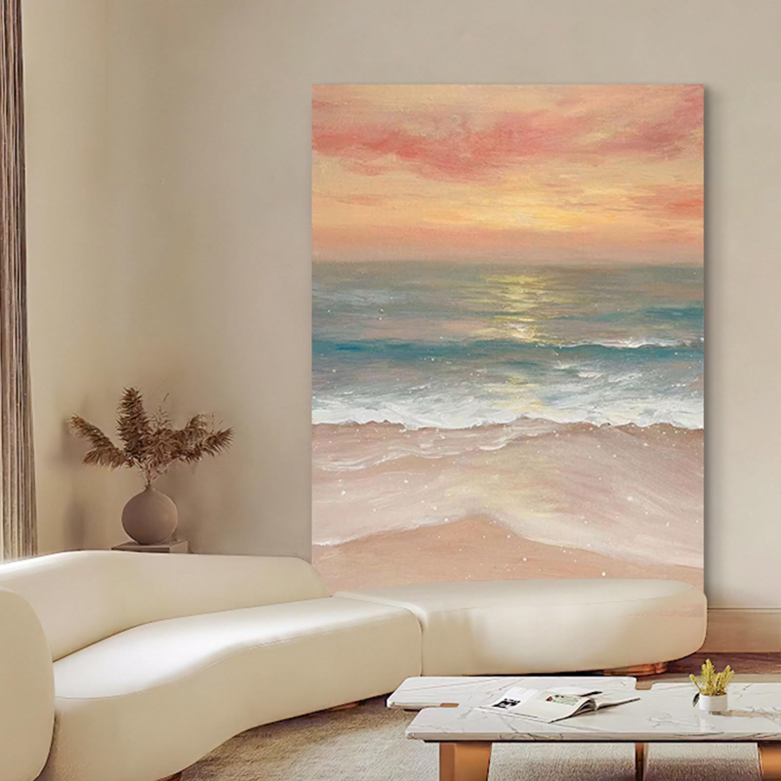 Peinture à l'huile bord de mer couleurs chaudes évasion maison