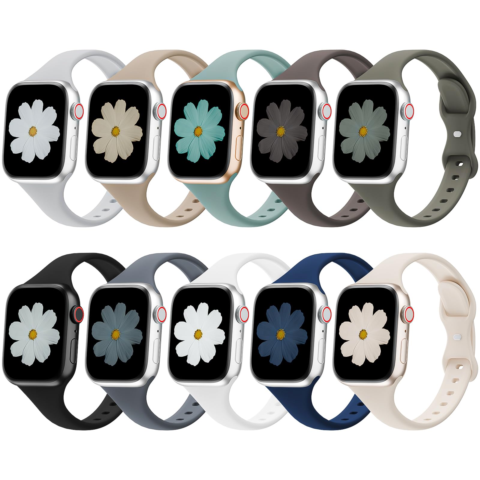 10 Pack Slim Bands Compatible with Apple Watch Bands 38mm 40mm 41mm 42mm 44mm 45mm 46mm 49mm, Soft Thin Silicone Sport Narrow Strap for iWatch Series