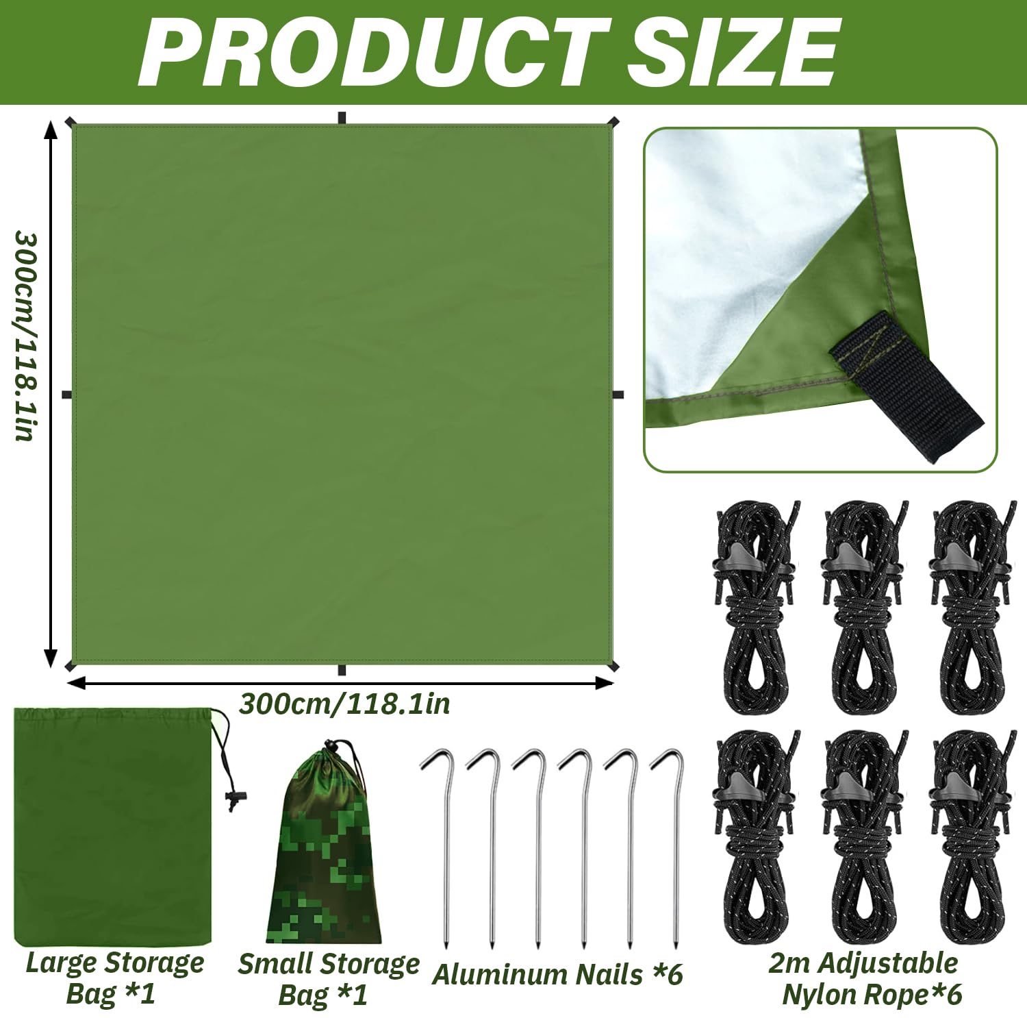 3x3M Camping Bâche, Bâche Anti-Pluie, Toile de Tente Imperméable Anti-UV, Léger Portable, avec Oeillets + Clou en Aluminium + Corde à Vent, Randonnée, Hamac, Extérieur