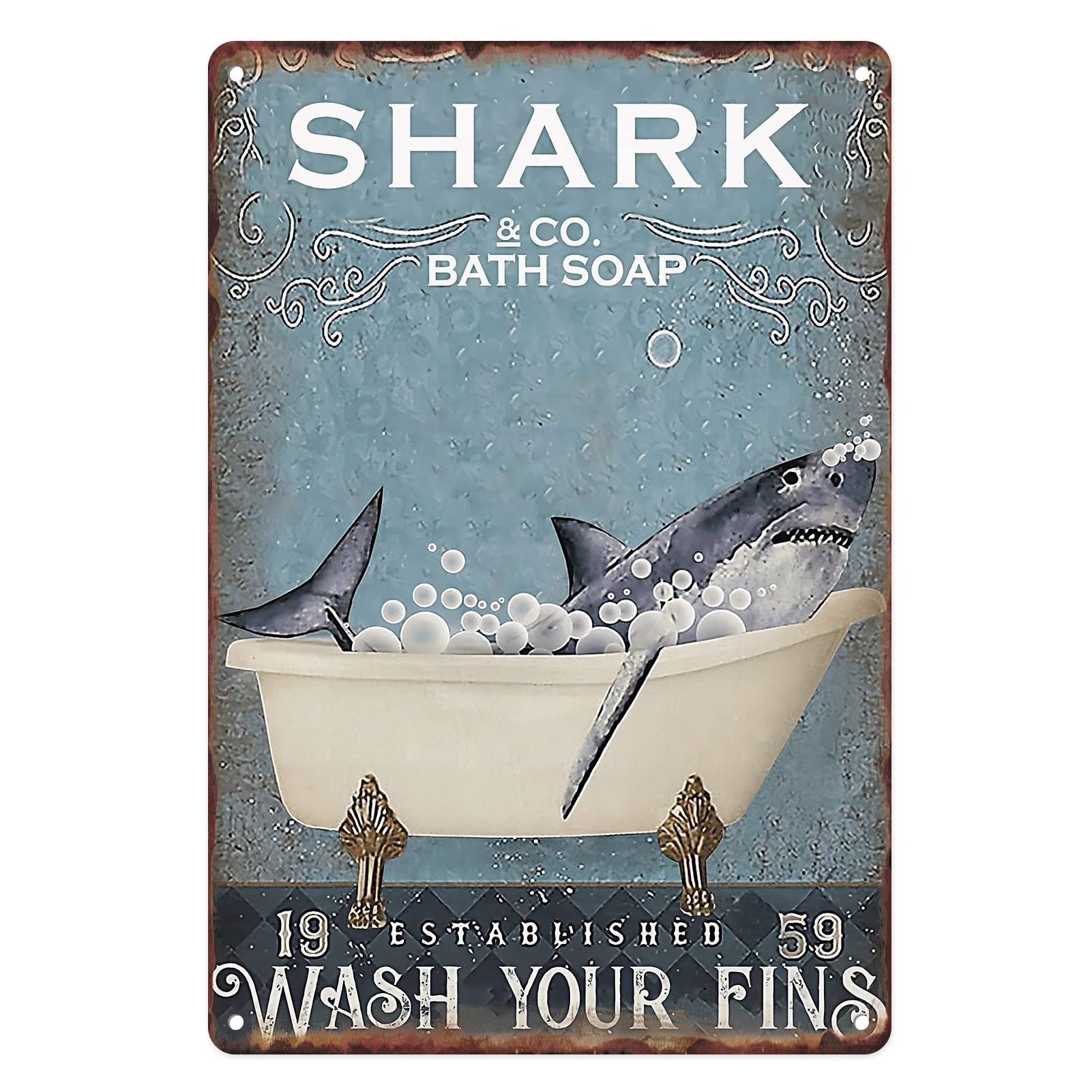 Flavas A013 Metal Tin Sign Vintage Shark & Co. Bath Soap Wash Your Fins For Home, Bathroom, Toilet Wall Decor 12X8 Inches