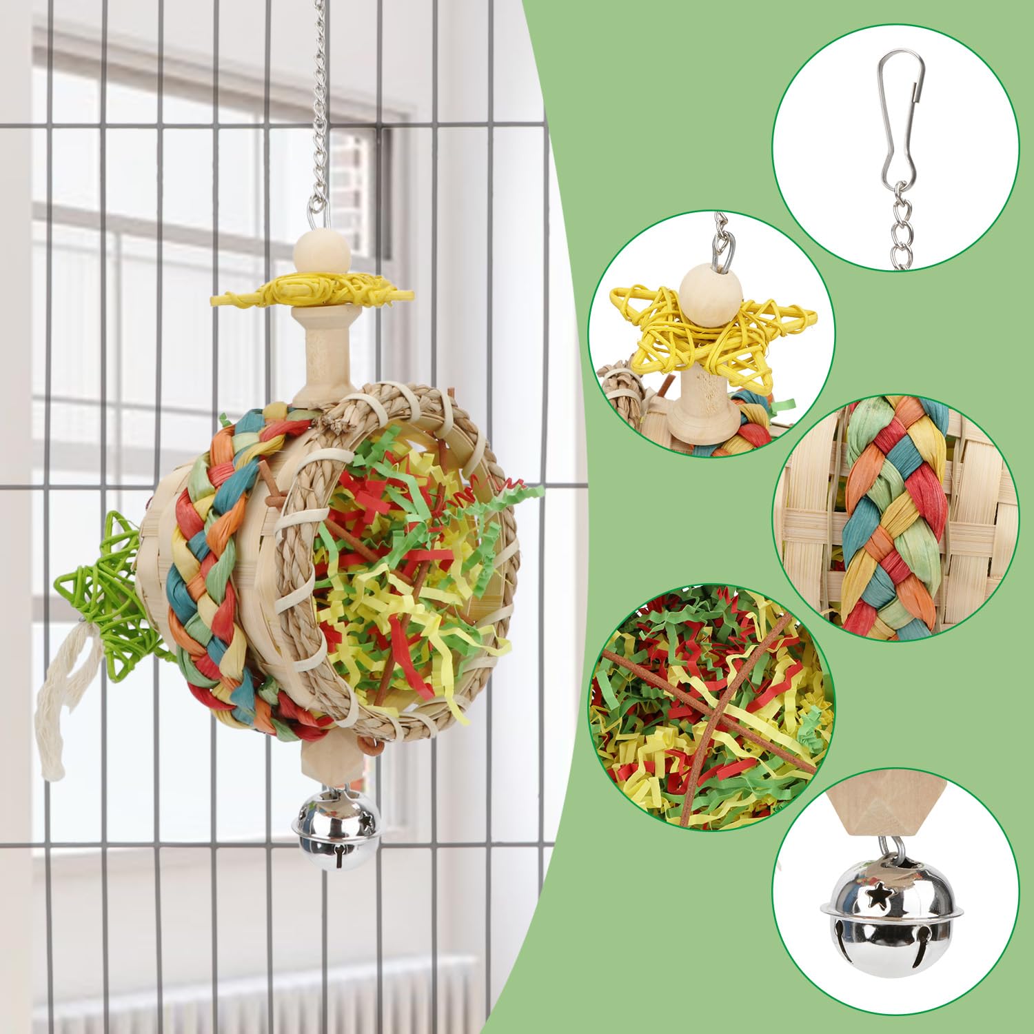 Hypeety Bird Foraging Toys Natural Seagrass Woven Basket Parrot Foraging Chewing Toy with Bell Colourful Parakeet Hanging Toys for Cockatiel Sun Parakeet Budgie Lovebirds (1 pc Woven Basket) - image 3