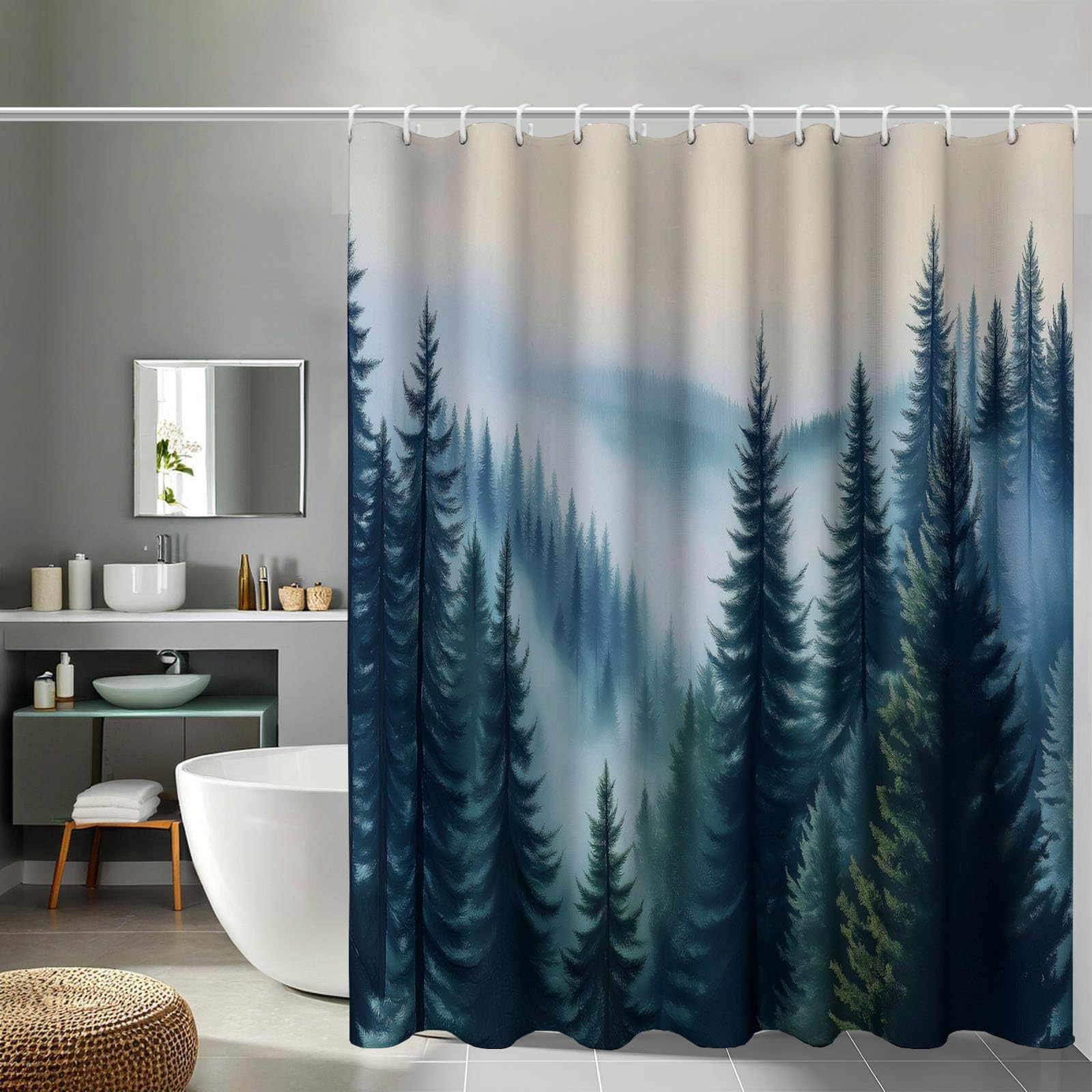 Rideaux de baignoire forêt paysage en polyester bleu vert foncé de haute qualité