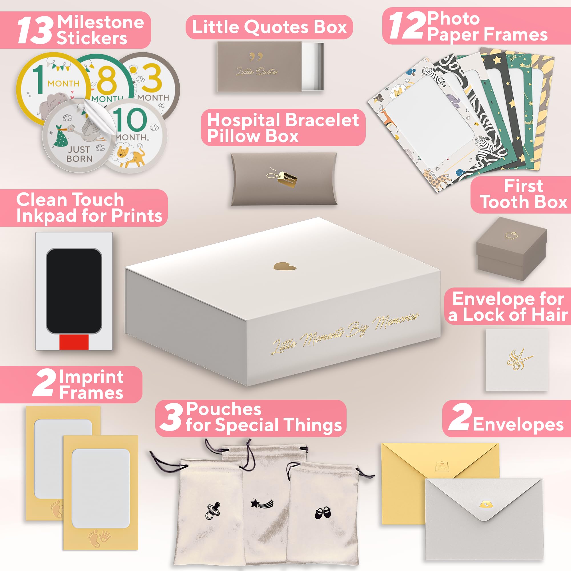 Ultimate Baby - Caja de recuerdos para niños y niñas, hermosa caja de recuerdos para nuevos padres, con kit de huellas de manos y pies, calcomanías de hito, caja de dientes y más, perfecto regalo para