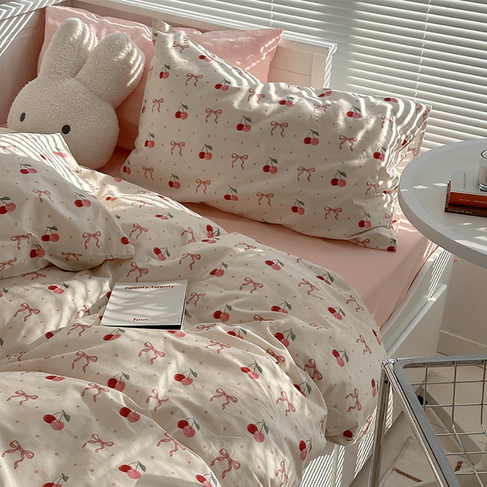 Covebett Pink Duvet Cover Double Cherry and Bows Pattern Kawaii Bedding Set Kids Girls Pink Bow Aesthetic Microfiber Comforter Quilt Cover 200x200 cm with Zipper Closure and 2 Pillowcases 50x75cm โ image 1