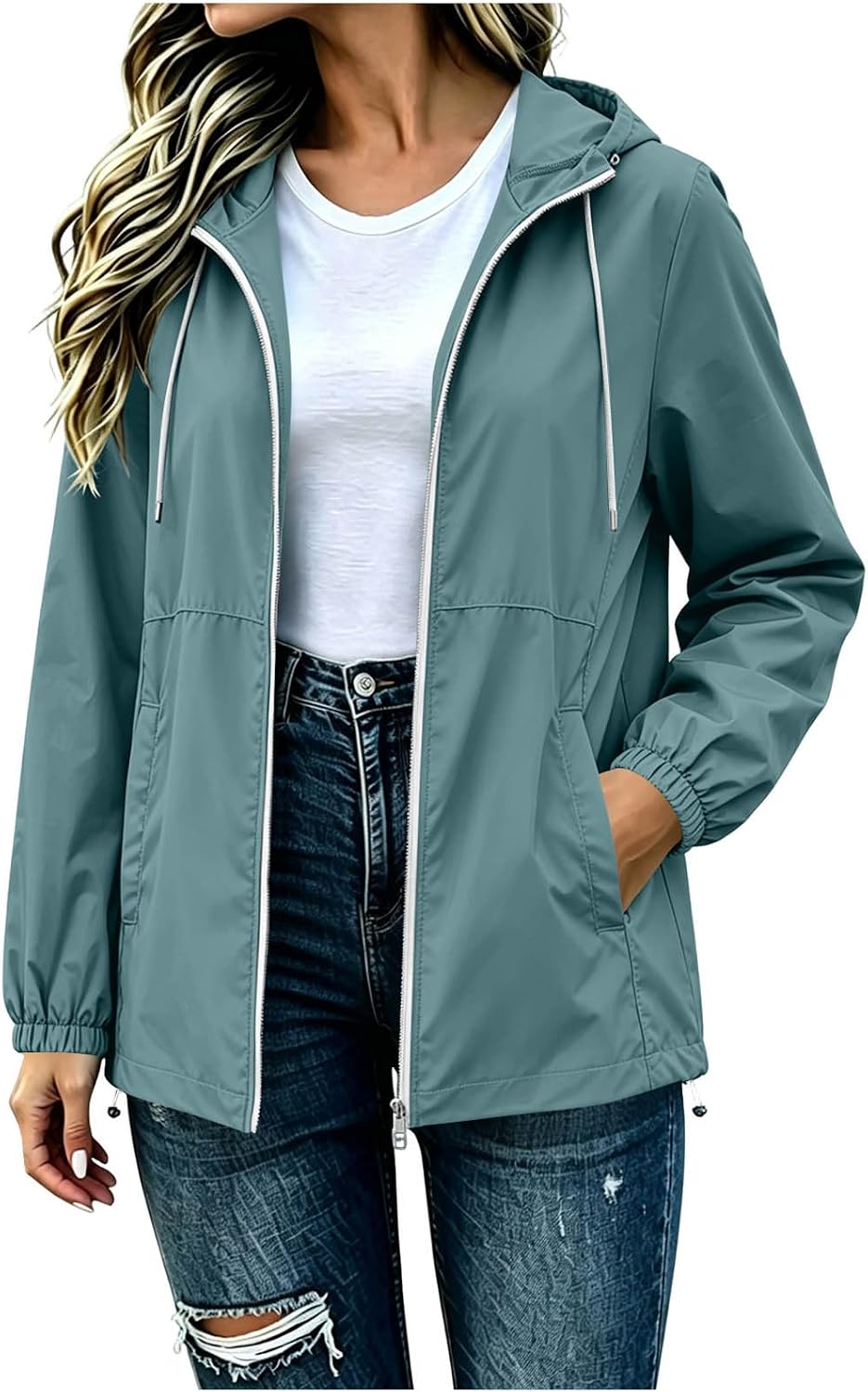Women's Waterproof Rain Jacket Hooded Windproof Outdoor Hiking Lightweight Packable Shell Coat with Zip Pockets