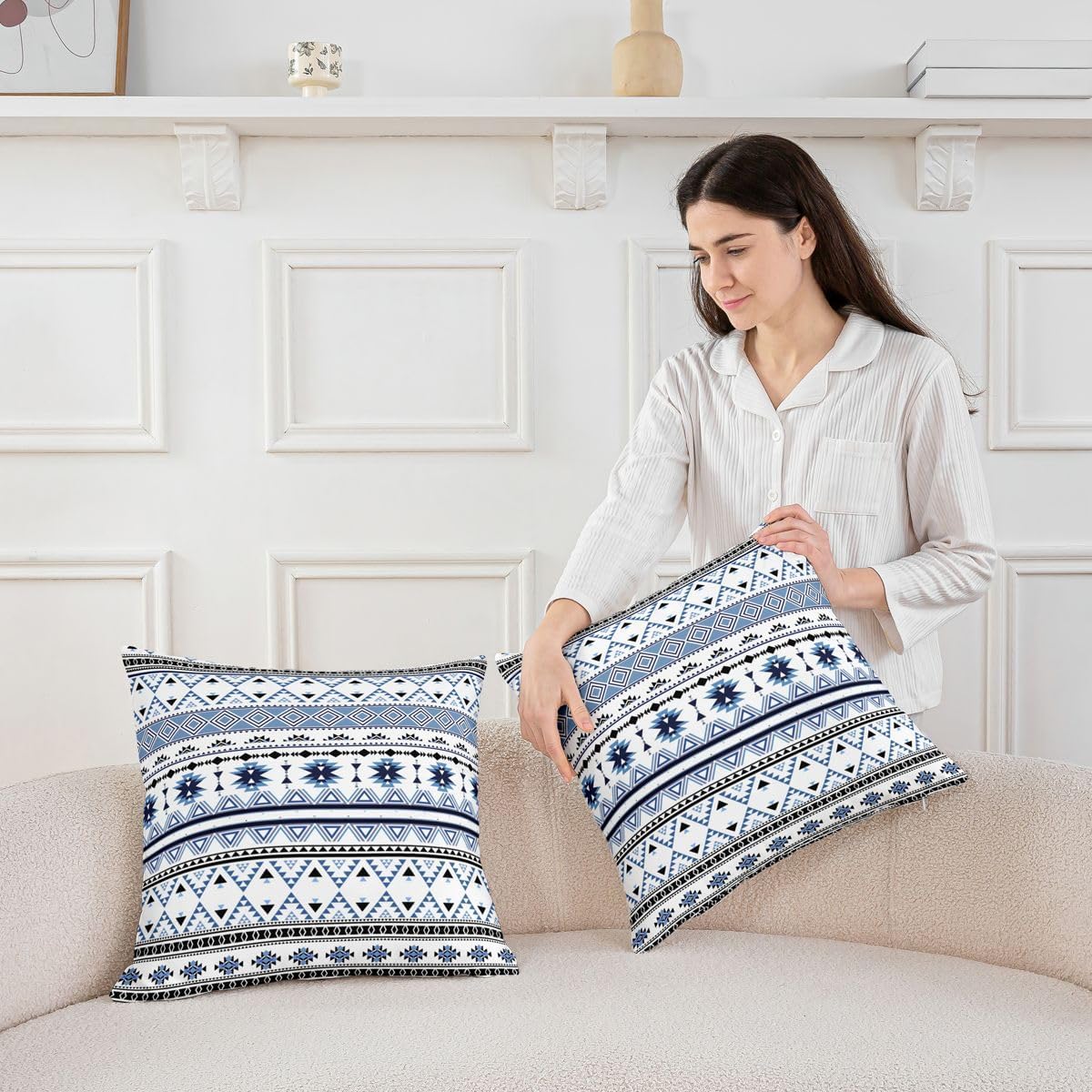 Erosebridal Pack of 4 Bohemian Cushion Covers Set 16x16 Boho Throw Pillow Covers Tribal Arrow Aztec Pillow Covers for Kids Child Exotic Tribe Triangleative Pillow Covers Nordic Mexican Navy Blue