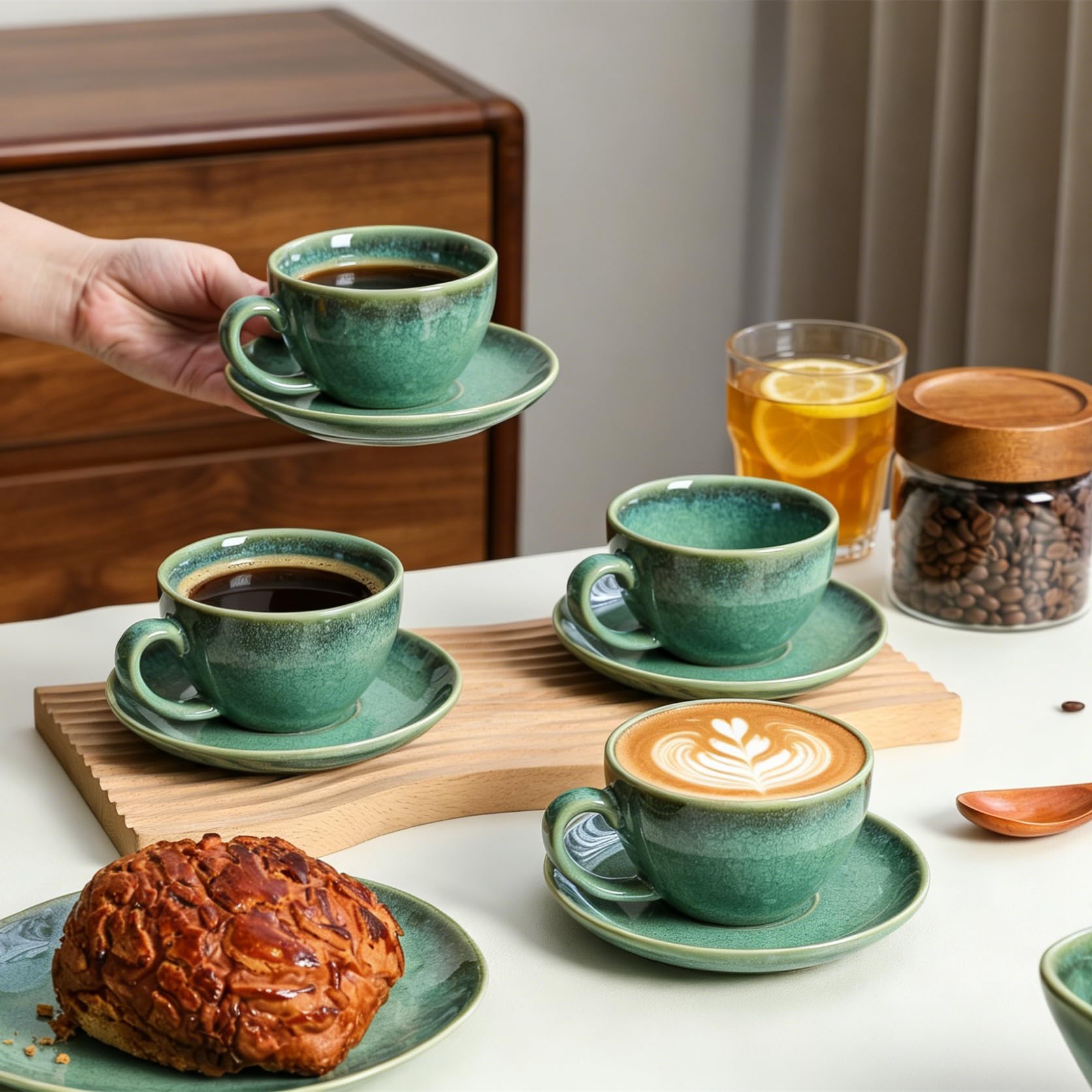 Kaffeeservice Porzellan, Kaffeeset Grün 4er - 240ml, Handmade Kaffeetassen Set für 4 Personen, Beinhaltet Kaffeetassen, Untertassen