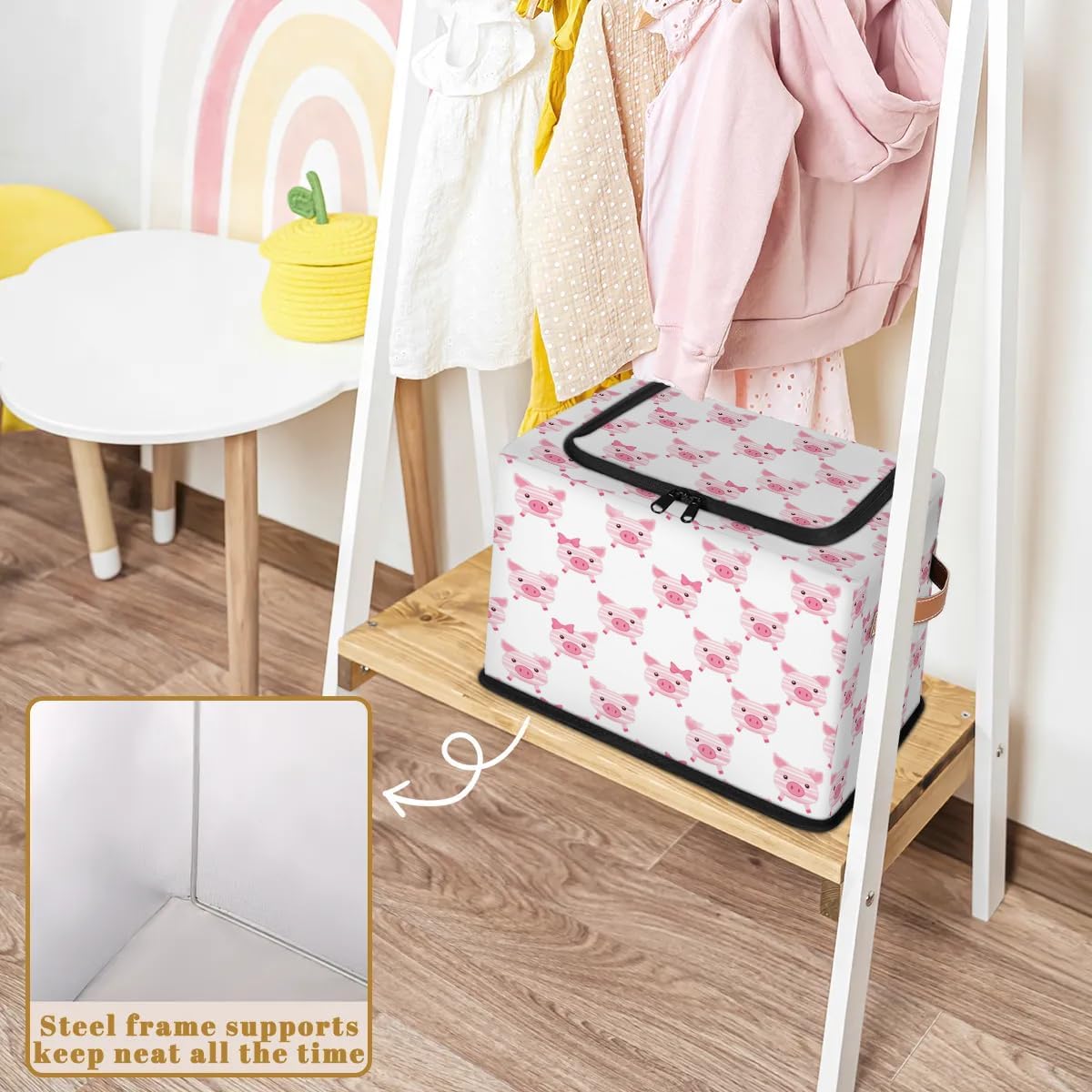 Cute Cartoon Pig Storage Box with Lid and Handles Foldable Cloth Storage Basket Bin Bags for Shelves Closet Shelf Toys Clothes Bed Sheets Organizer 2 Pack