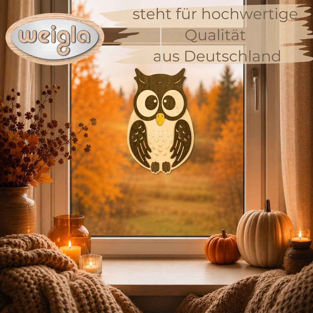 weigla - Fensterbild original Erzgebirge Eule I Herbstdeko Fenster I 1 Lampe I 7 W, E14 I Deko Fensterbild I Herbstbeleuchtung Holz I Fensterdeko hängend