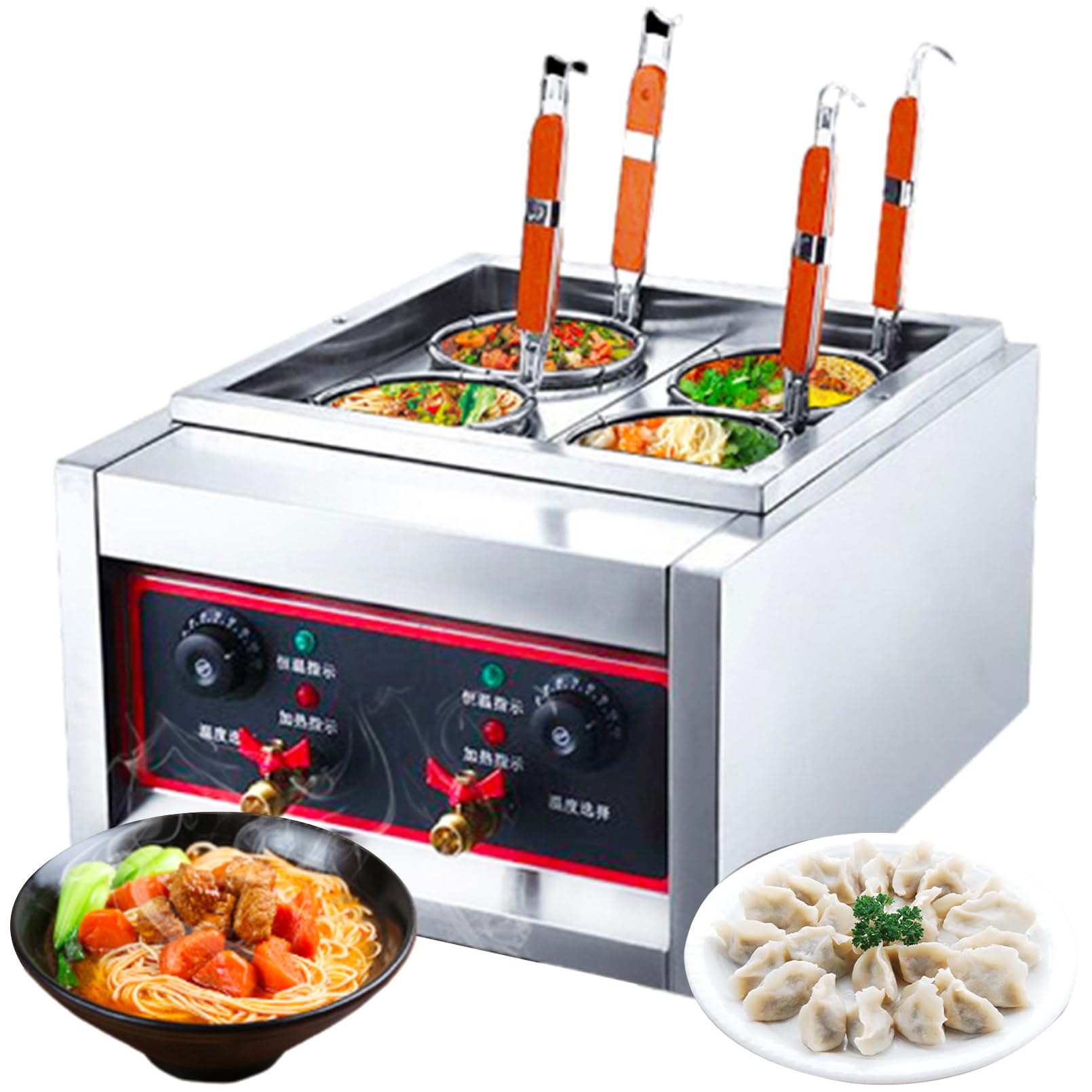 DRUXTO 4000W Pasta Cooker, Commercial Electric Noodle Cooking Machine 8L 4 Baskets with Strainer Noodle Oven 30-110℃ temperature control Restaurant home for Dumplings Ravioli Spaghetti Vegetable