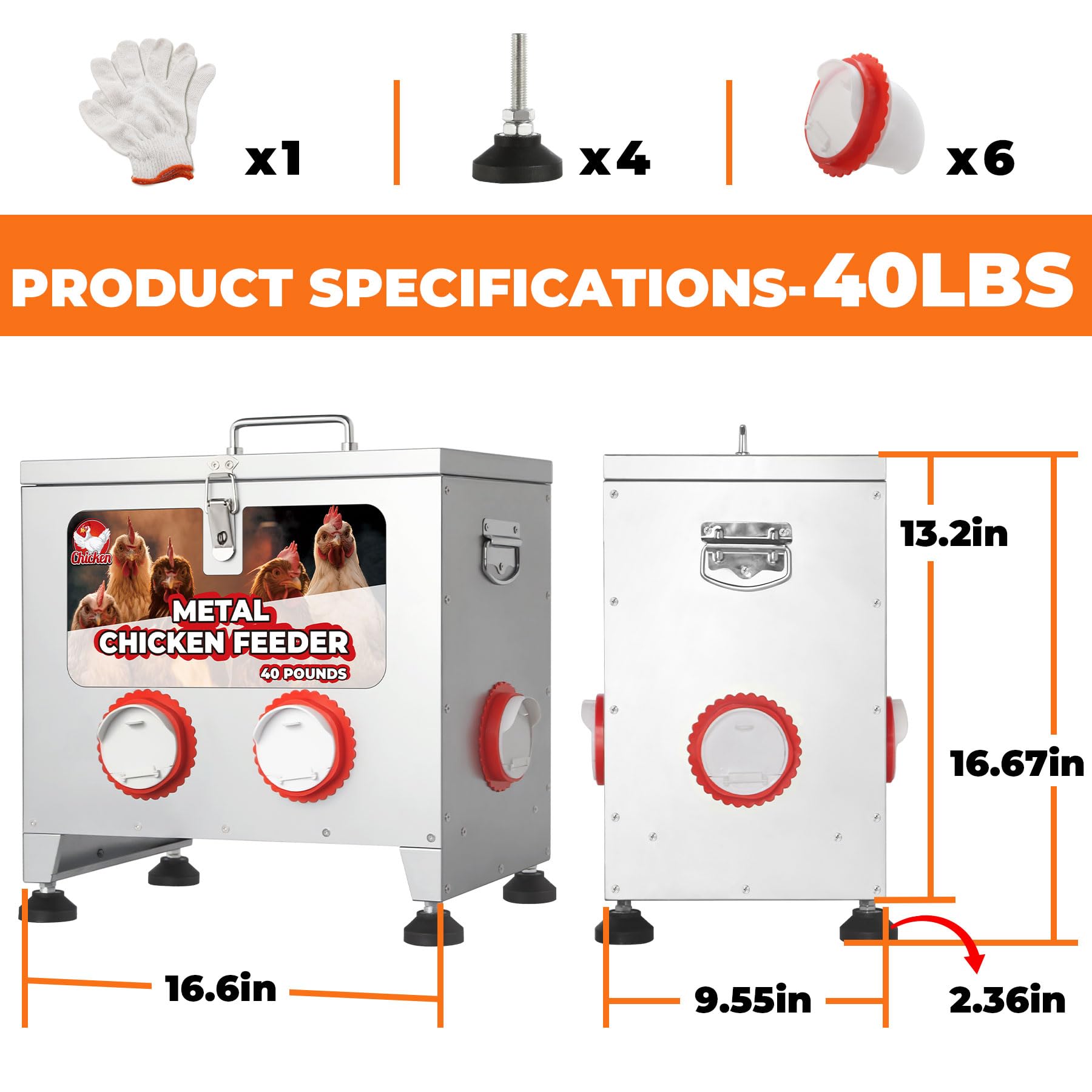 Comedero de pollo galvanizado de 6 puertos de 40 libras con altura ajustable, tapa de bloqueo y asas remachadas, gran capacidad, resistente a la lluvia, alimentador automático de pollo, color plateado