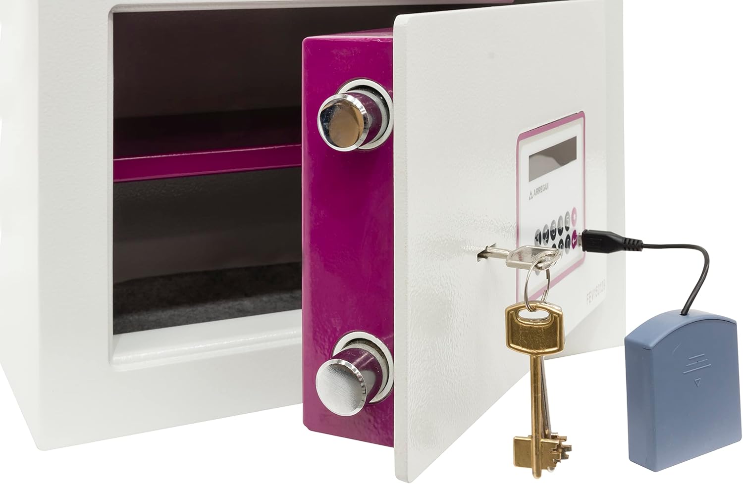 Safe door partially open with a key inserted into the electronic panel, demonstrating the two-factor security.